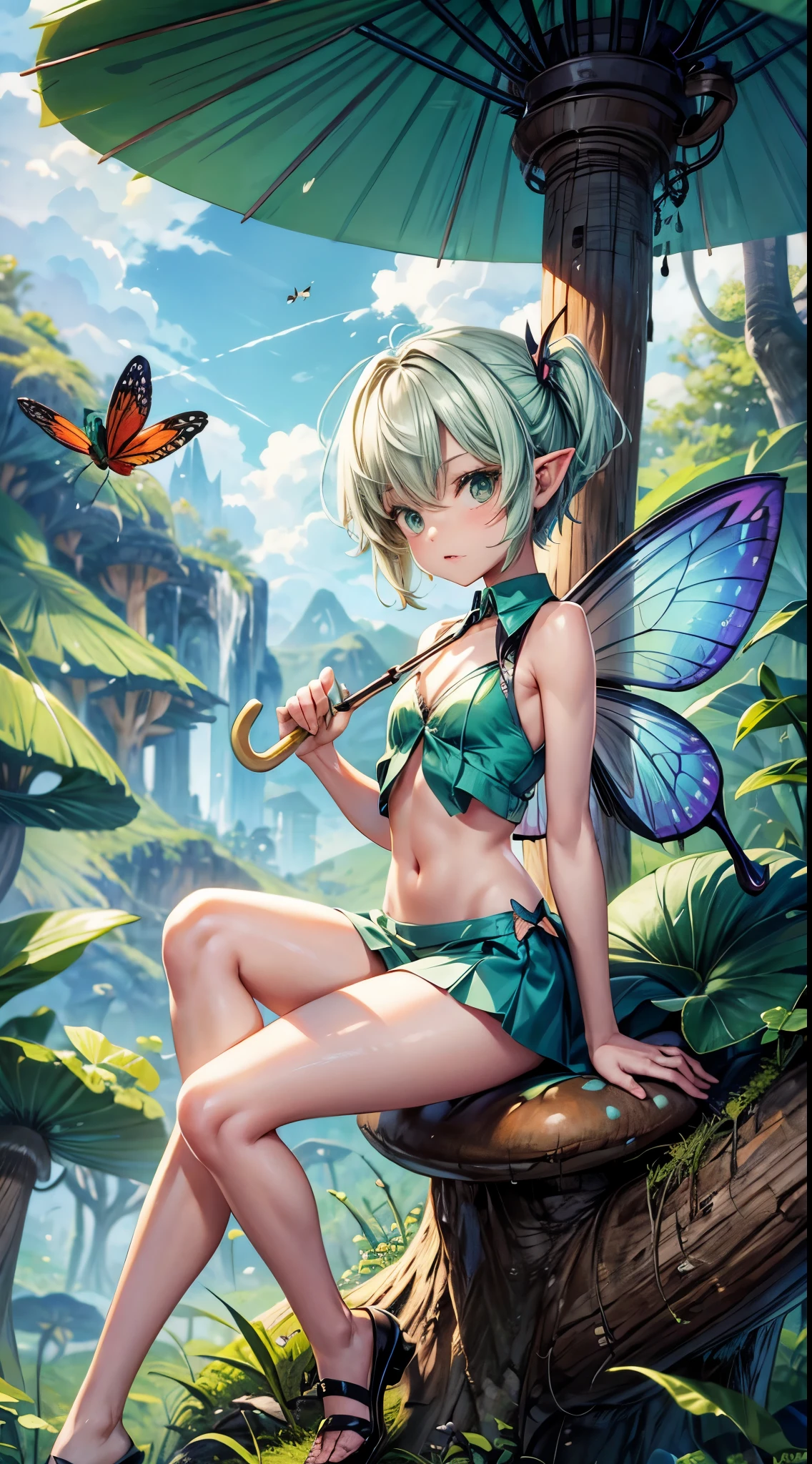 Tiny Pixie with ((Insect wings)) that looks Verry Cute, sitting on Mushroom ,green under clothes, bare midriff, Holding Big Leave as Umbrella