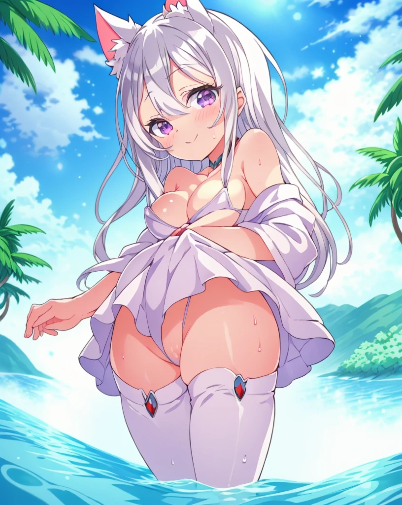 (Masterpiece), (Top Quality Anime Illustration), (Super Definition), One Girl, Solo, Beautiful Girl with Silver Hair, Anime ****, Cat Ear ****, Petite, Cleavage Emphasis, Underboob, Side Boob, Thigh Emphasis, White Robe, Off Shoulder, Wet Sheer, Smile, South Island Sea, Water