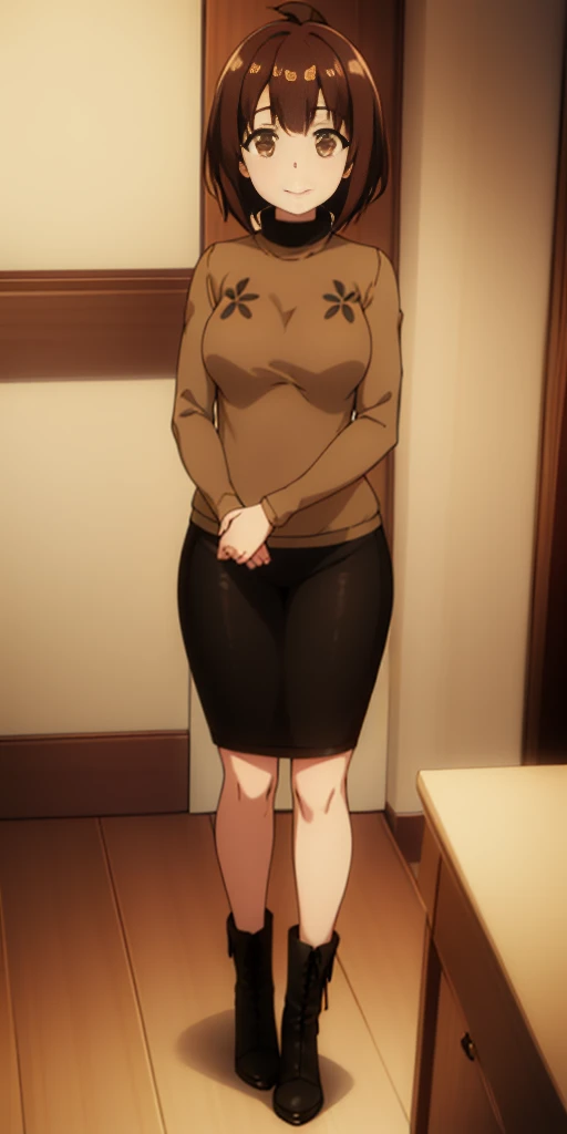 Masterpiece, standing straight symmetrical, full body female, helen parr, masterpiece, best quality, solo, brown hair, brown eyes, turtleneck, sweater, smile, short hair, turtleneck sweater, black sweater, 1girl, closed mouth, indoors, portrait, black sweater, Female, standing, straight, looking at viewer,