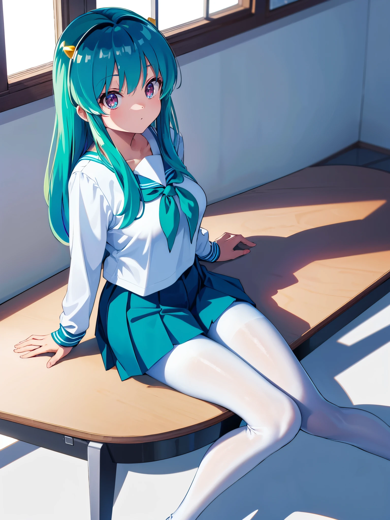 (1girl in),(high quality), (hight resolution), (Highly detailed), (in 8K),(lower body shot),Ram from Urusei Yatsura is wearing a transparent school uniform and a navy pleated skirt.),(Wearing black pantyhose)No shoes,perfect writing,(Beautifully erect nipple shape:1.1),hight resolutionの美しい目,(Neutral white lighting:1.2),simple background,sitting with  spreading legs