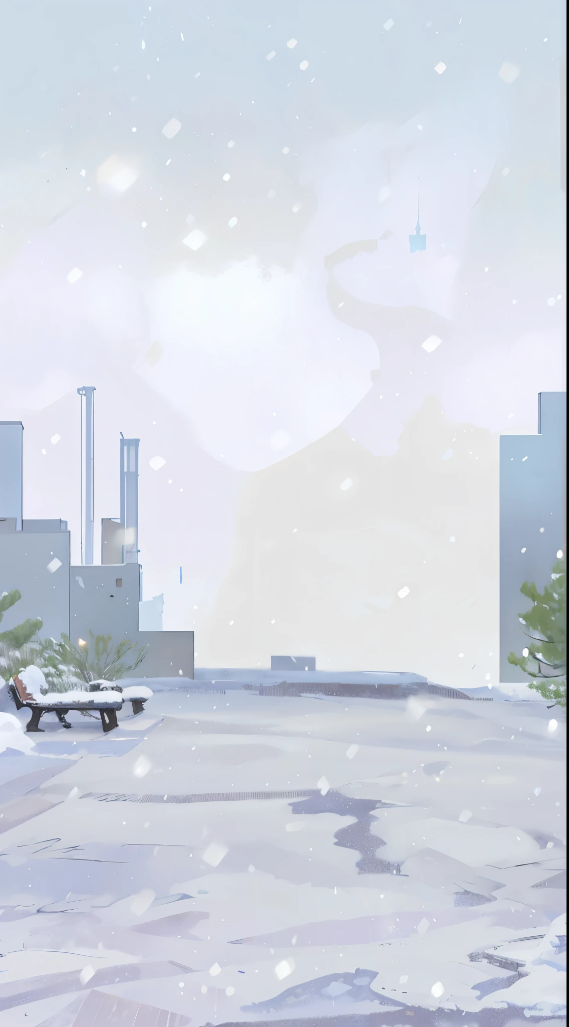 8K,high qulity!!Detail Enhancement!!Highest image quality!!city snow scene,There is a bench and a bench in the foreground, factory background, it'It's snowing in the city,There'in lots of snow, snowy environment, Bleak cityscape background, Random background scene, Anime style cityscape, background artwork, (Against the backdrop of snowy New York), My background is only snow, Snowy background, winter concept art, snow wasteland, Blurry and dreamy illustration, small town background