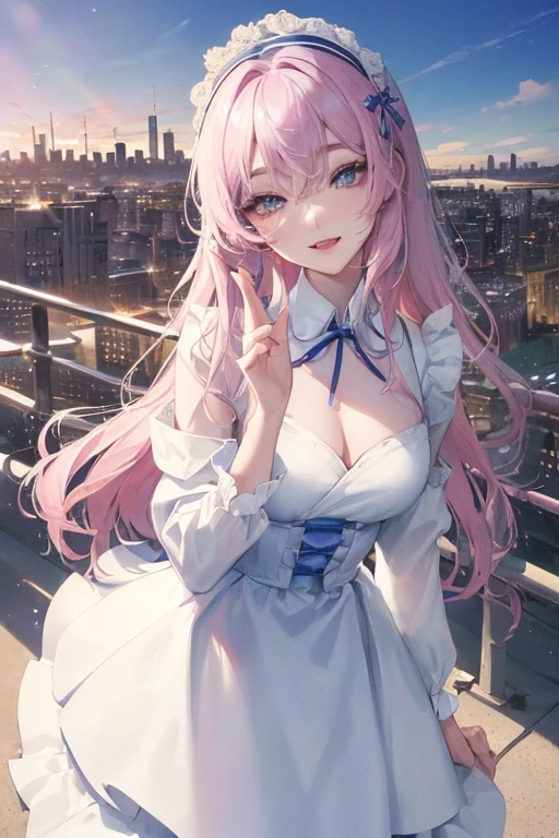 offcial art, tmasterpiece, Sharp focus beautiful gorgeous cute korean woman:1.3), (beautiful and cute korean:1.3), Korean beauty, exquisite beautiful hair、eyes and face, actual, Super detailed, beautiful girl, blue sky, Luminous white particles, (side light:1.2), sun light, Baiyun, Detailed cloud, Slender, buttocks, smiling with teeth, ((Smile with your eyes, open both eyes)), landscape, long, straight hair, sexy facial expression, buliding, (city View:1.7), dynamic hair, long, straight hair, Detailed platinum pink hair, Luminous Blue Eyelue Pleated Shirt + Short white dress), white stockings, pale skin, hair accessories, epic landscape,night