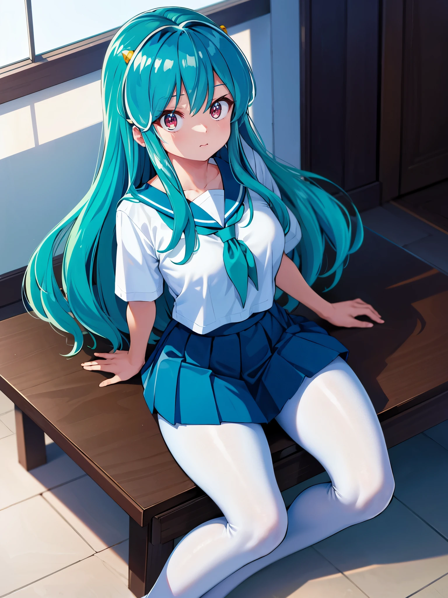 masterpiece, Highest quality, 1 Girl, Lum, tired, Taking a break, Looking into the distance, Grey knit, Black Mini Skirt, Grey pantyhose , anime, From below, blush, Embarrassing, Taking a break, Mature, 18-year-old, Smile, Lying in bed, Focus on the feet, Japan, Hotel, High definition, Green Hair