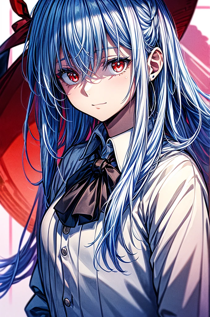 ((masterpiece)) best quality, 8k, high quality, high resolution, super detailed, ultra-detailed, photorealistic, beautiful and finely detailed face and eyes, ultra-detailed and detailed skin texture, masterpiece, best quality shadows, clean lines, realistic looks, best generation, smooth color transitions,life-like portrayal, young woman with Silver-white hair, red eyes, with a formal blouse or shirt, crafted in hues of blue and white, grey blazer, white and blue skirt, blood Red eyes, beautiful straight white hair, human, straight hair, not embarrassed, cold look, full body, female human, red eyes, white hair, straight hair, Academy uniform, school setting, tassel embroidered blouse 