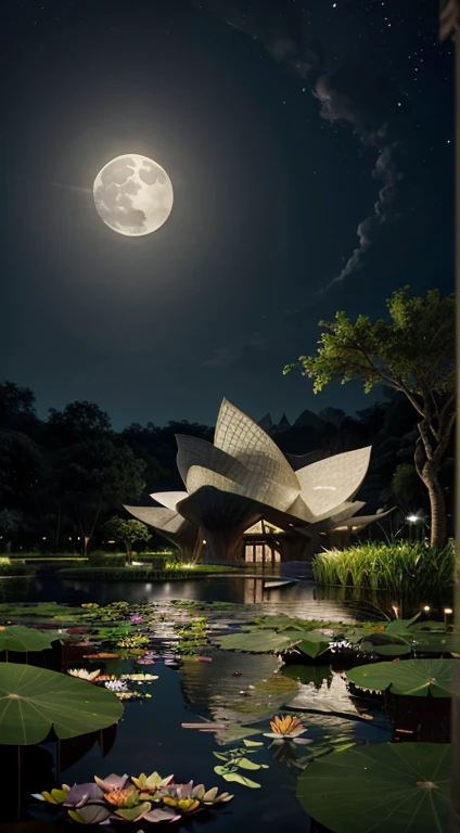 Artistic style intricate illustrations，Lotus pond moonlight，Render in 3D，And draw inspiration from postmodern art, As a play by the Guggenheim,Best quality at best，realistically，realistically，Super detailed，It has very detailed carvings ,