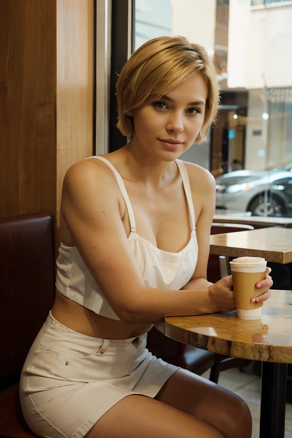 25 year old European girl, (blonde hair with pixie cut), ((portrait)), pale skin, athletic body, dimples, bob cut, (smile), looking at viewer, glasses, woman without clothes, (full body: 1.6), (cold colors), (perfect proportion), ((detailed face:1.2)), ((detailed facial features)), (finely detailed skin ), (in cafe:1.5), (realistic photo), (best quality), (detailed), photographed with a Canon EOS R5, 50mm lens, F/2.8, HDR, (8k), (wallpaper), (cinematic lighting), (dramatic lighting), (sharp focus), ( intricate), from above