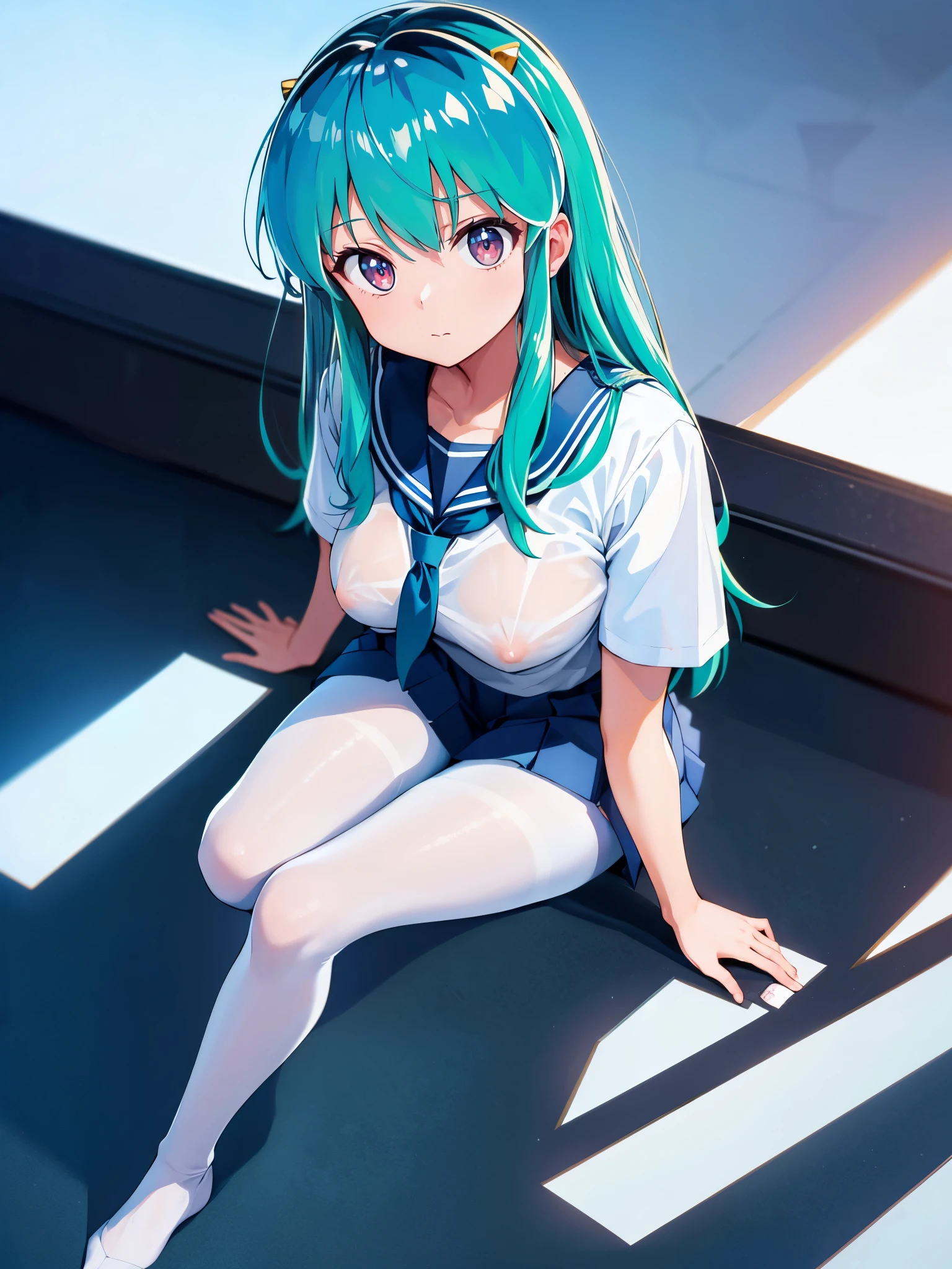 (1girl in),(high quality), (hight resolution), (Highly detailed), (in 8K),(lower body shot),Ram from Urusei Yatsura is wearing a transparent school uniform and a navy pleated skirt.),(Wearing black pantyhose)No shoes,perfect writing,(Beautifully erect nipple shape:1.1),hight resolutionの美しい目,(Neutral white lighting:1.2),simple background,sitting with spreading legs