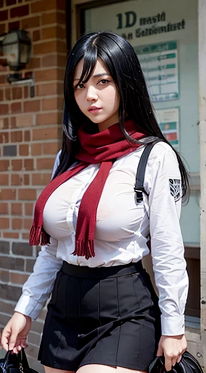 Long black hair, school uniform dress, massive sized boobs, huge boobs,thigh legs, short school skirt, holding a school bag,standing,black colour eyes,ultra realistic detailed brown eyes, beautiful and perfect face, school background, Mikasa Ackerman with red scarf, black hair