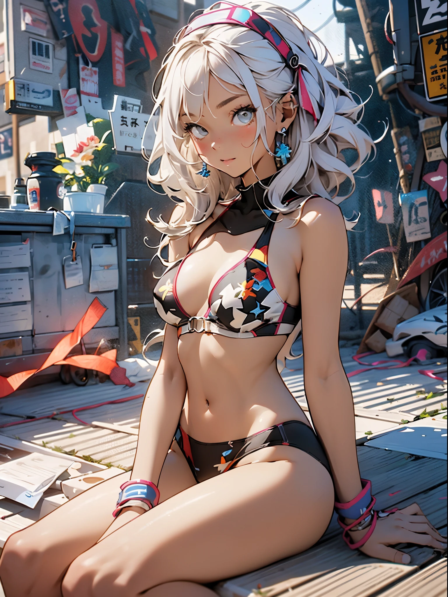 "Introducing a full-body portrait of an attractive gal girl in a bikini.、Create breathtaking masterpieces of the highest quality。, Highlights her beautiful tanned features。。."