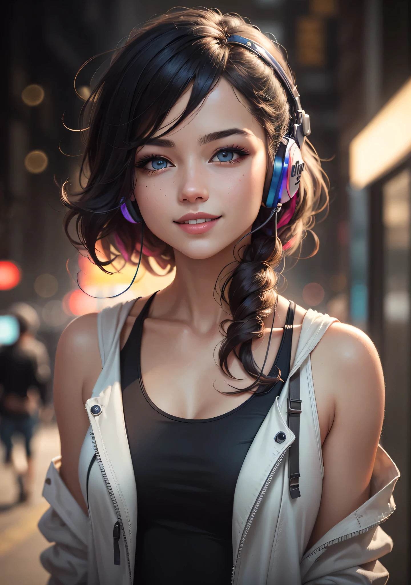 ed hair, Black tank top, voluminetric lighting, White jacket, glowing headphones, Cyberpunk, Futuristic, multi colored eyes, Detailed eyes, ultra - detailed,Light smile, Highly detailed, Beautiful, small detailed, Ultra detailed, Best quality, Intricate, hyper photorealism, Sharp, Digital illustration, Detailed, Realism, Intricate, 4K, 8K, trending on artstationh, Good anatomy, Beautiful lighting, Award-winning, Photorealistic, Realistic shadows, Realistic lighting, Beautiful lighting, Ray traching, Intricate details, Moody, Rule of thirds, Masterpiece, (illustration:1.1), A high resolution, (Extremely detailed CG, Unity, 8K wallpaper:1.1), Beautiful face, Highly detailed face, Ultra photo realsisim, Masterpiece, Bokeh, Extremely detailed, Intricate, zoomout, Colorful, Vibrant colors, Red nail polish, Side view,