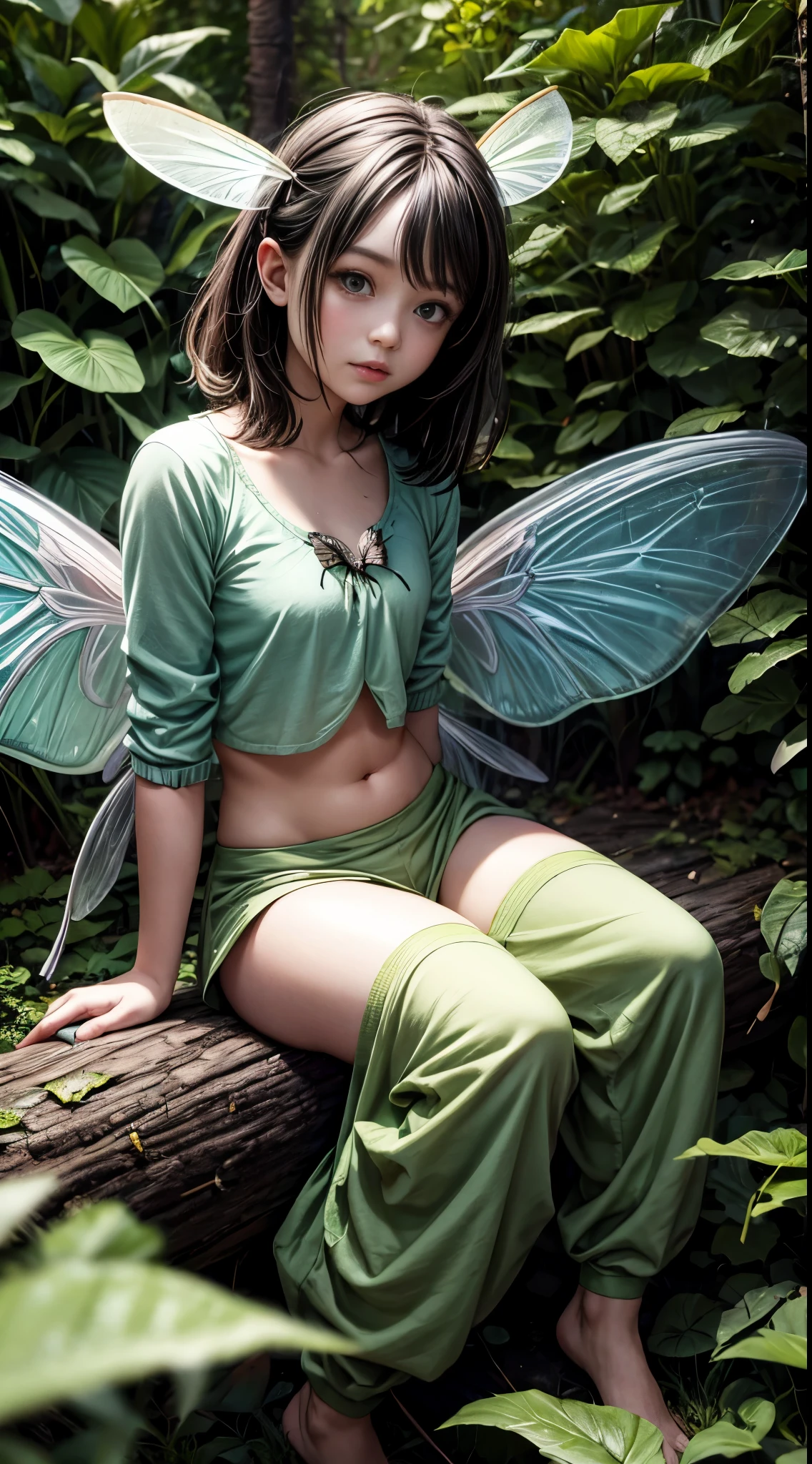 Tiny fairy with ((Insect wings)) that looks Verry Cute, sitting on Mushroom ,green under clothes, bare midriff, Holding Big Leave as Umbrella