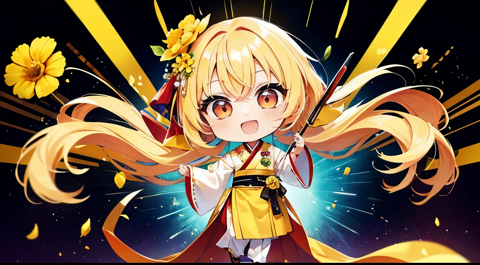 (chibi: 1.3), happy, (holding a yellow flower), yellow hair, long hair, Two-pronged, whole body, korean hanbok, Red eyes