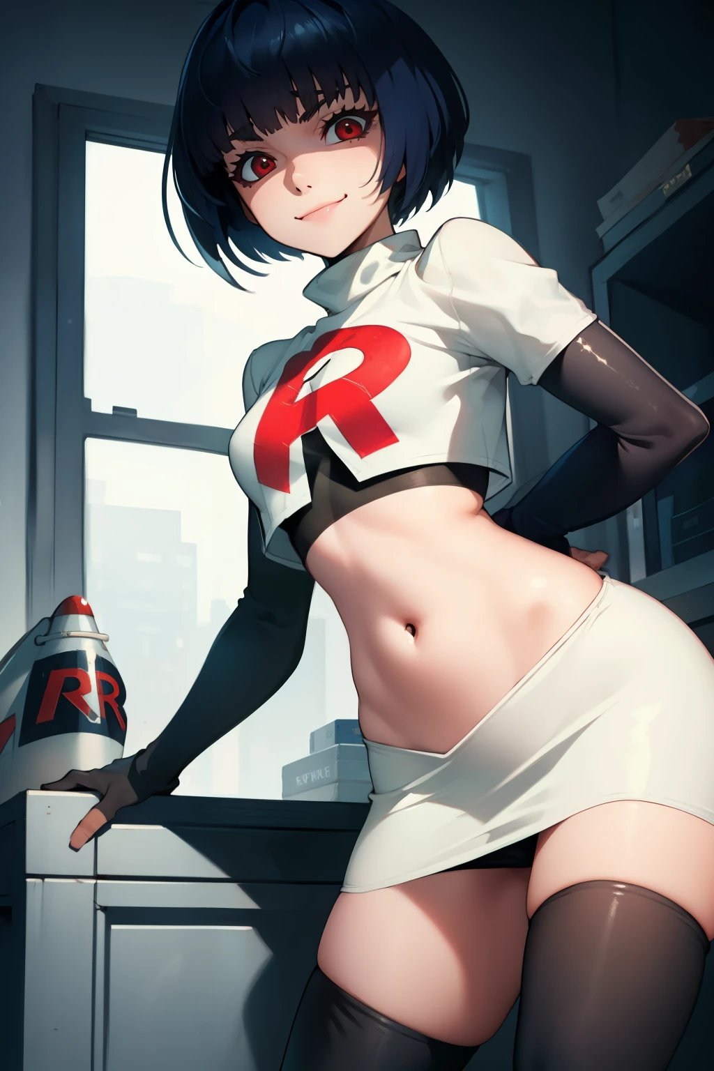 Tae Takemi,rocket,team rocket uniform, red letter R, white skirt,white crop top,black thigh-high boots,black elbow gloves, evil smile, look at viewer, sexy poses