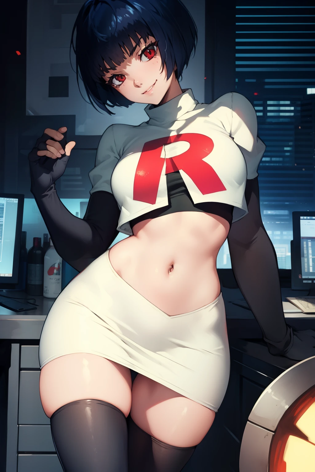 Tae Takemi,rocket,team rocket uniform, red letter R, white skirt,white crop top,black thigh-high boots,black elbow gloves, evil smile, look at viewer, sexy poses