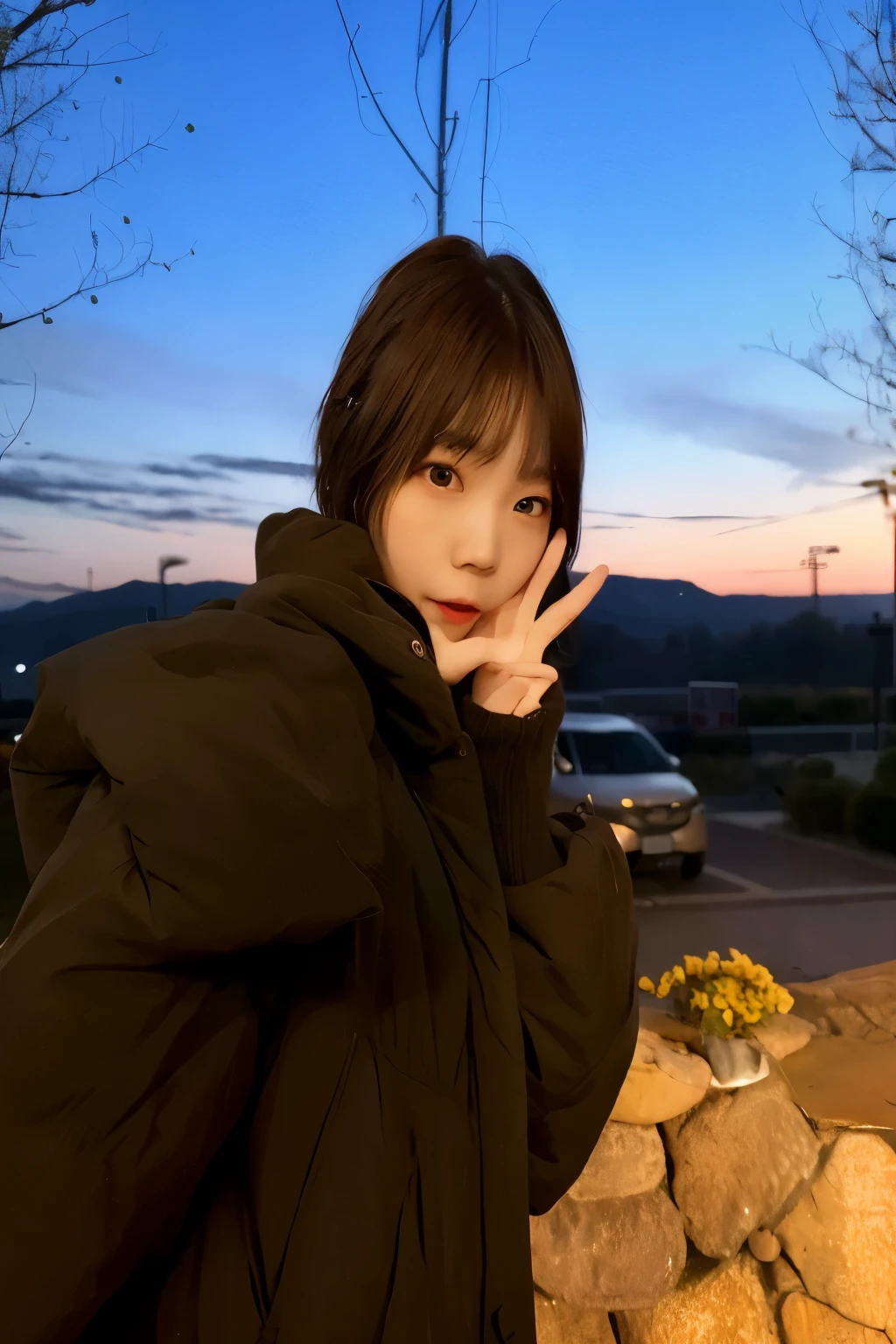 There was a woman standing in the parking lot，Place your hands on your face, with a sunset, jinyoung shin, Urzan, Inspired by Ma Yuanyu, sun yunjoo, 8K)), short hair, Kim Do-young, With the setting sun, 8K selfie photograph, Bae Xiuzhi, Cute Korean face, lee ji eun, lee ji eun