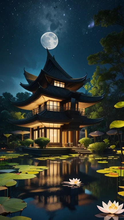 Artistic style intricate illustrations,Lotus pond moonlight,Render in 3D,And draw inspiration from postmodern art, As a play by the Guggenheim,Best quality at best,realistically,realistically,Super detailed,It has very detailed carvings ,