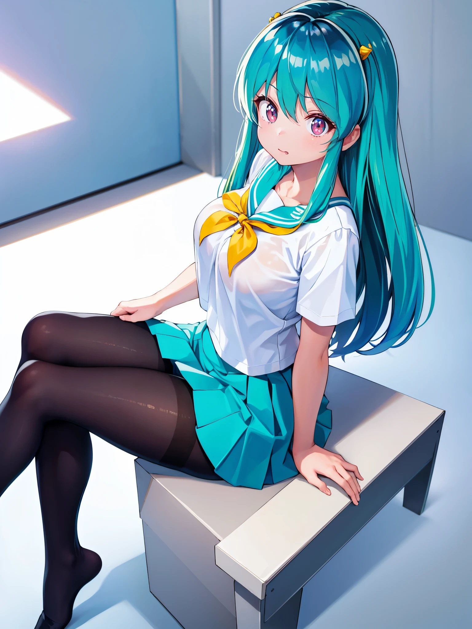 (1girl in),(high quality), (hight resolution), (Highly detailed), (in 8K),(lower body shot),Ram from Urusei Yatsura is wearing a transparent school uniform and a navy pleated skirt.),(Wearing black hose)No shoes,perfect writing,(Beautifully erectle sha),hight resolutionの美しい目,(Neutral white lighting:1.2),simple background,sitting with spreading legs