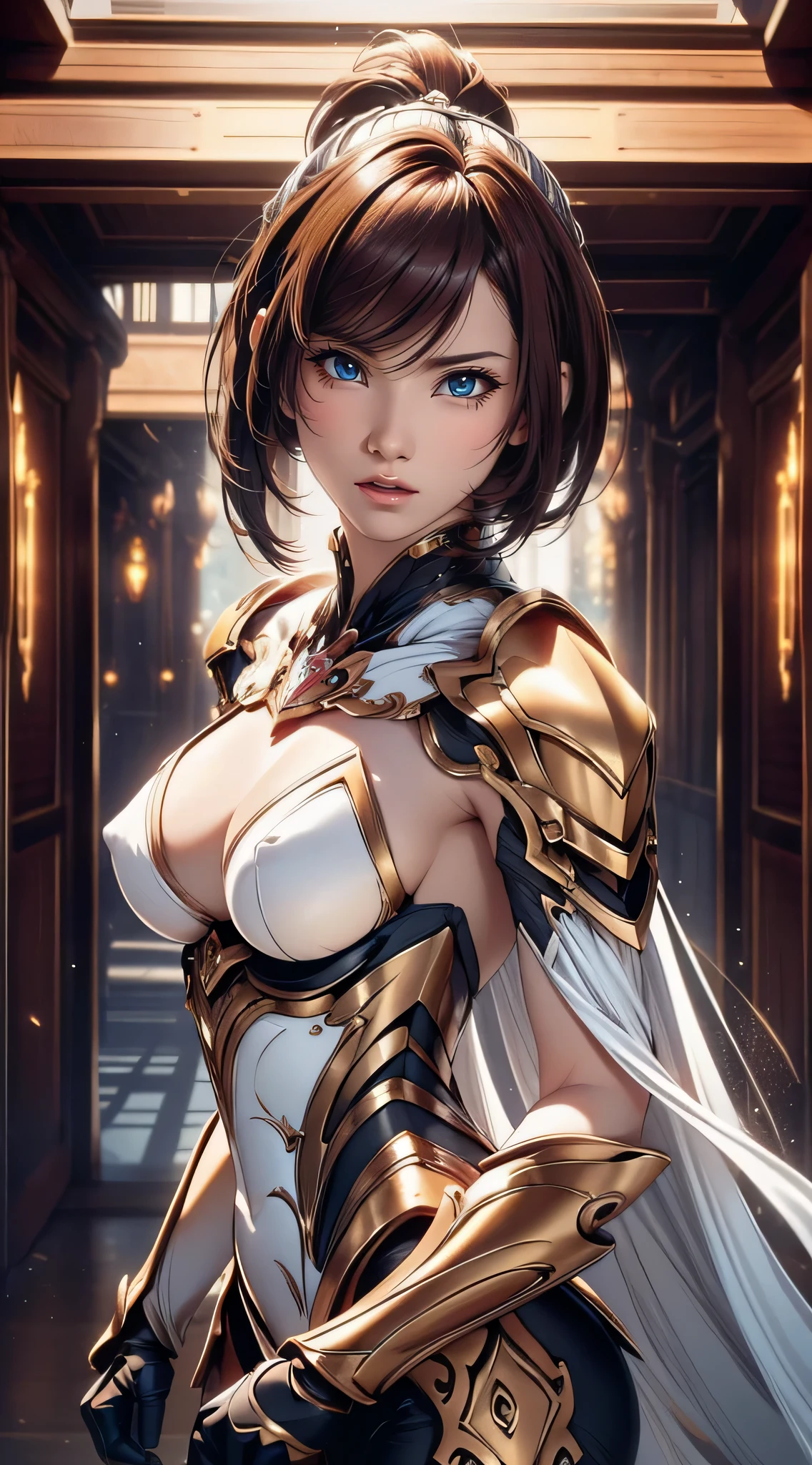 (Random Fighting Pose:1.2),Extreme close-up,movie scene,fantasy art,The highest image quality,ultra-realistic portrait,(8K),Super realism,best quality,high quality,High Definition,fine texture,advanced details,beautiful details,Detailed,Very detailed CG,fine texture,realistic facial expression,masutepiece,in front,dynamic,bold,1girl in,highlydetailed skin,curve,petite,beautiful breasts,Large breasts,pale skin,pointed chest,erect nipples,short hair,(super thin hair),(super soft hair),(ultra straight hair),long flowing bangs,very light coppery amber hair,hair above one eye,White armor