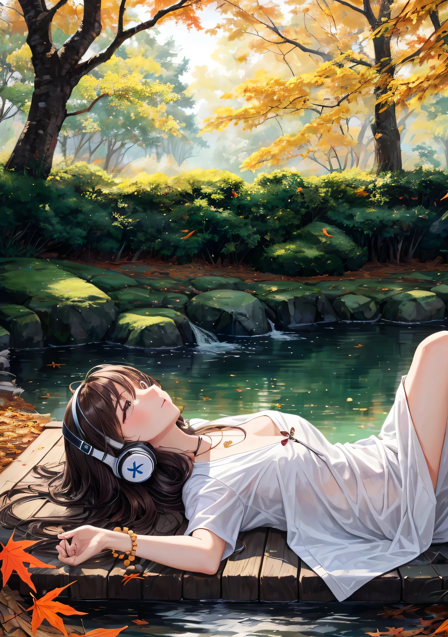 Her attire allows for ease of movement during yoga poses while showcasing a sense of comfort and style. Autumn accessories with minimalistic yoga jewelry, including a leaf pendant necklace and wooden beaded bracelets.Place Autumn in the midst of a serene fall forest scene, surrounded by a colorful tapestry of autumn leaves that blanket the ground, accentuating the natural beauty of the season. The location exudes tranquility and peace, situated near a gentle stream where the soothing sound of flowing water harmonizes with her practice. Natural lighting gently filters through the foliage, casting dappled sunlight on the scene, creating an atmosphere of serenity. ofi wallpapers in 4k, broadly showing the room, generates me the same girl, lying on the bed, studying the open book in her hand, wearing headphones, pretty girl, brown hair, image shows more of her body, shows more details of the room, black eyes, more than shows the whites of the eyes, a duvet covering herbody