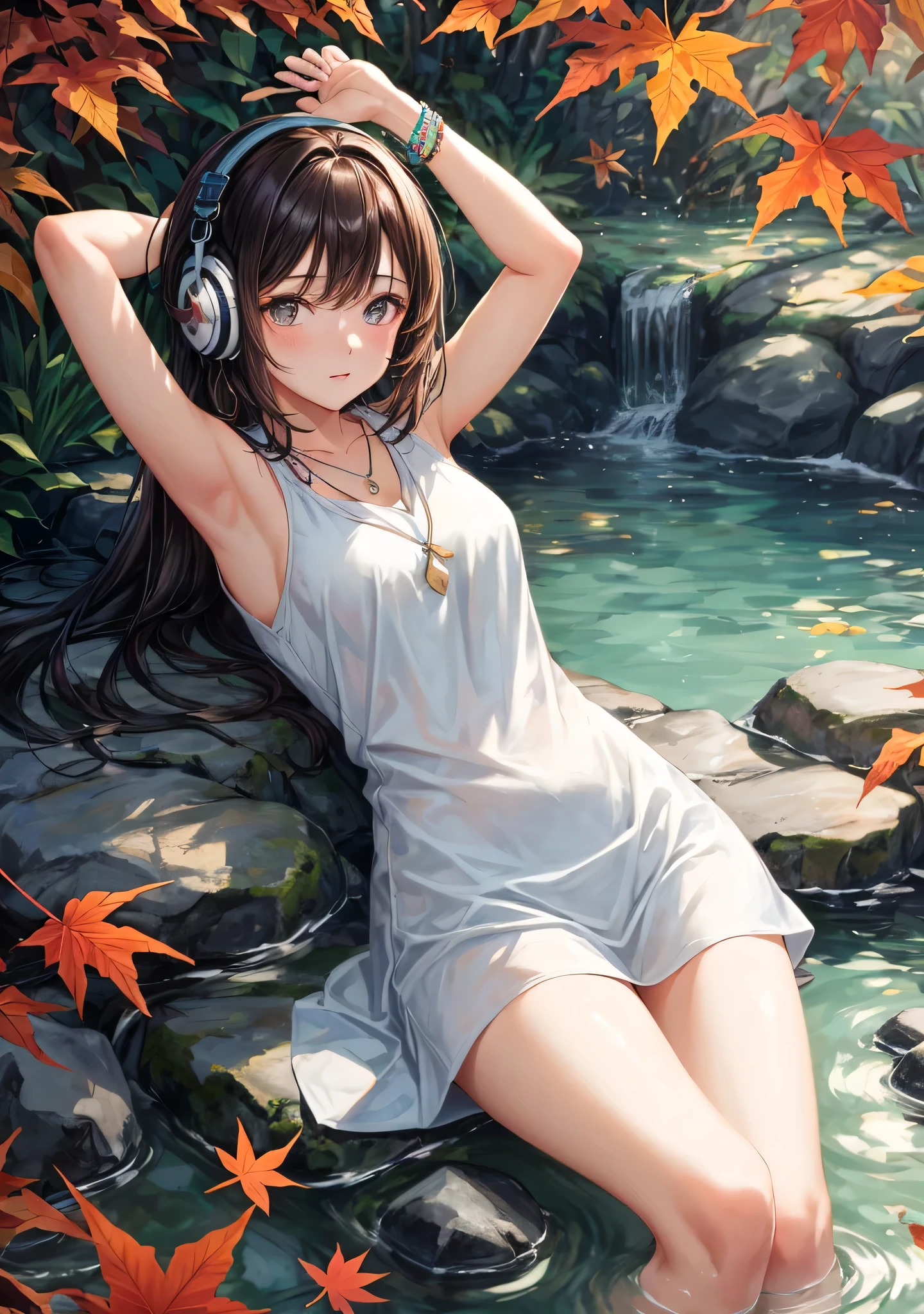 Her attire allows for ease of movement during yoga poses while showcasing a sense of comfort and style. Autumn accessories with minimalistic yoga jewelry, including a leaf pendant necklace and wooden beaded bracelets.Place Autumn in the midst of a serene fall forest scene, surrounded by a colorful tapestry of autumn leaves that blanket the ground, accentuating the natural beauty of the season. The location exudes tranquility and peace, situated near a gentle stream where the soothing sound of flowing water harmonizes with her practice. Natural lighting gently filters through the foliage, casting dappled sunlight on the scene, creating an atmosphere of serenity. ofi wallpapers in 4k, broadly showing the room, generates me the same girl, lying on the bed, studying the open book in her hand, wearing headphones, pretty girl, brown hair, image shows more of her body, shows more details of the room, black eyes, more than shows the whites of the eyes, a duvet covering herbody