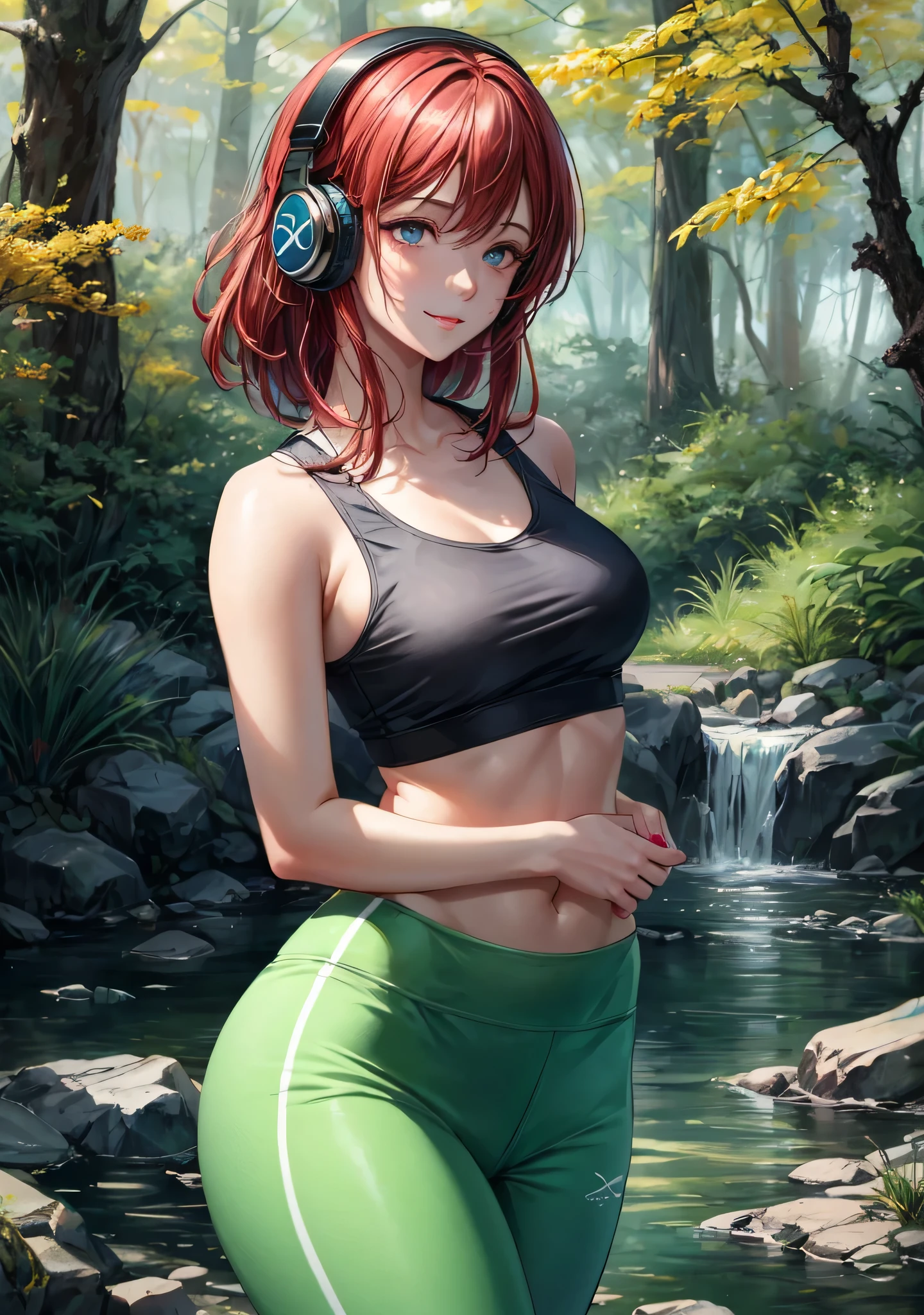 red hair, Black tank top, voluminetric lighting, White jacket, glowing headphones, Cyberpunk, Futuristic, multi colored eyes, Detailed eyes, ultra - detailed,Light smile, Highly detailed, Beautiful, small detailed, Ultra detailed, Best quality, Intricate, hyper photorealism, Sharp, Digital illustration, Detailed, Realism, Intricate, 4K, 8K, trending on artstationh, Good anatomy, Beautiful lighting, Award-winning, Photorealistic, Realistic shadows, Realistic lighting, Beautiful lighting, Ray traching, Intricate details, Moody, Rule of thirds, Masterpiece, (illustration:1.1), A high resolution, (Extremely detailed CG, Unity, 8K wallpaper:1.1), Beautiful face, Highly detailed face, Ultra photo realsisim, Masterpiece, Bokeh, Extremely detailed, Intricate, zoomout, Colorful, Vibrant colors, Red nail polish, Side view,She wears a white yoga crop top that complements her complexion and showcases her flat stomach and matching deep forest green leggings in a rich, earthy brown hue. This outfits hug her curves perfectly. The scene set amidst a serene fall forest with colorful autumn leaves blanketing the ground, enhancing the natural beauty of the season. The location exudes tranquility, situated near a gentle stream whose soothing sound of flowing water harmonizes with her practice