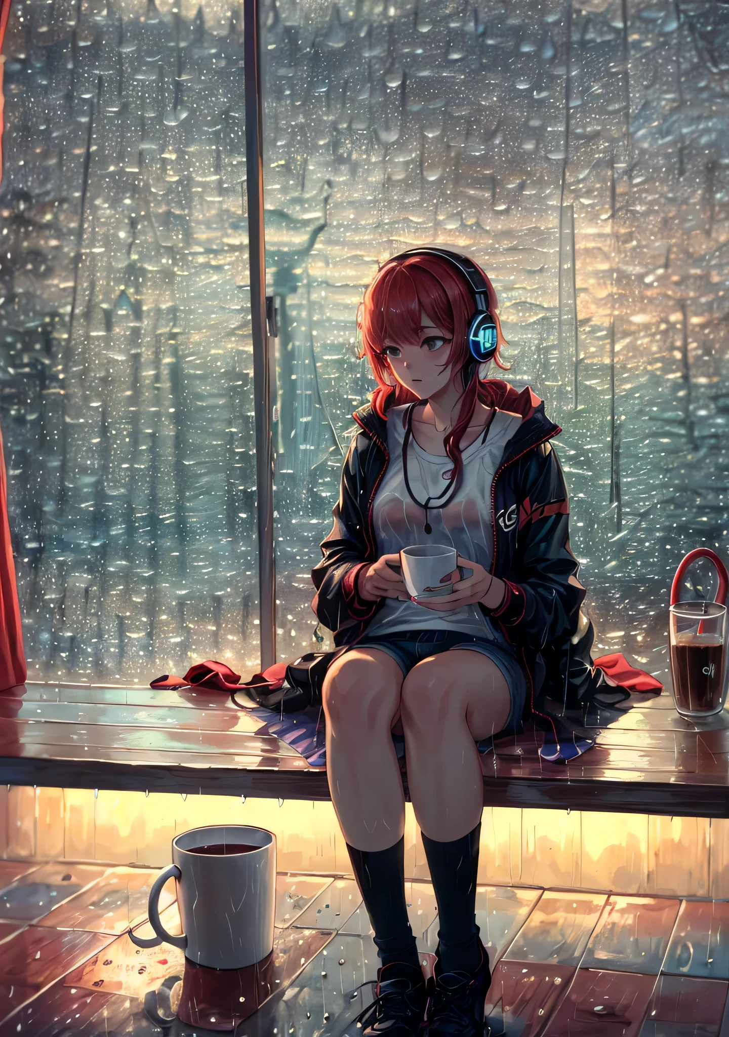 (Best quality, 4k, Masterpiece :1.3), ((rainy night: 1.5)), Girl 20 years red hair , cyberpunk lo-fi, in the bedroom, listening to music on pc, coffee cup on the table, headphones, open window on rainy night, white top glued, short shorts, wearing socks, ultra detailed, full cyberpunk headset, intricate details, 16k