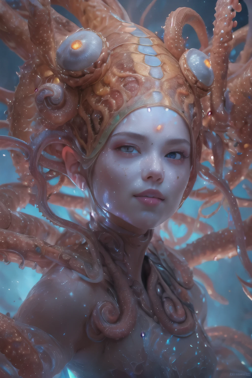 Portrait, (beautiful female alien:1.2), (she has red eyes with no pupils:1.8), (Translucent skin:1.7), (There is a female genital-like organ in the middle of the forehead.:1.9), (The most beautiful face in the history of the universe:1.2),an evil gaze that seduces, (large mouth:1.1), (sharp teeth like a vampire:1.2), full body portrait, (bio luminescent:1.5), (Smile wickedly:1.3), (sexypose:1.5), alien, No humans, cells are fused, (Lots of translucent tentacles:1.3) extraterrestrial, cell, bio image, best quality, 8K,In 4K_quality, High Definition, Dramatic Lighting, masutepiece:1.5,cinematic quality, detail up, (elaborate details:1.2), high resolution, High Definition, drawing faithfully, (Thick eyebrows:1.2), Beautiful eyes with fine symmetry,(Highly detailed face and eyes:1.2), Intimate face, (Super detailed skin quality feeling:1.4), perfect anatomy, (Beautiful toned body:1.5), (Moist skin:1.2), No makeup, (dark circles:1.1), long canines, cinematic drawing of characters, ultra high quality model, cinematic quality, detail up, (elaborate details:1.2), high resolution, High Definition, drawing faithfully, official art, Unity 8K Wall , 8K Portrait, best quality, Very high resolution, ultra detailed artistic photography, midnight aura, unreal enginee 5, Ultra Sharp Focus, art by alberto seveso, ArtGerm, Roisch, intricate artwork, best quality, masutepiece, ultra high resolution, (photos realistic:1.4), ultra realistic realism, dream-like, nautilus, Creation of fantasy, Snail, Dream Snail, biopunk nautilus, Thrilling color schemes, ultra realistic realism, seductively smiling, Blue tentacles,
