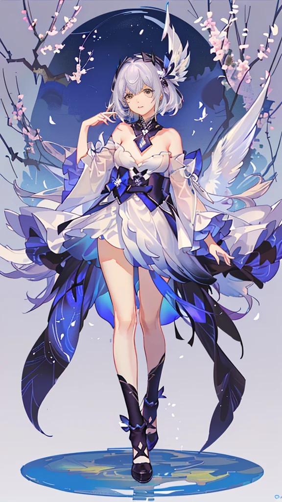 1 girl in, 独奏, offcial art, Unified 8K wall , Super detailed, prettify、Aesthetic, tmasterpiece, quality, 真实感, A female angel、a white wing、Silver armor、Feather decorated helmet、Long steel spear、Glowing angel circle、Light magic、depth of field, Wonderful atmosphere, calm color palette, Tranquil Mood, Soft shadows (Tangled、datura、Tangles、Tangles:0.7) abstract backgrounds、The most beautiful form of chaos、ellegance、Dark theme designed by Fauvism