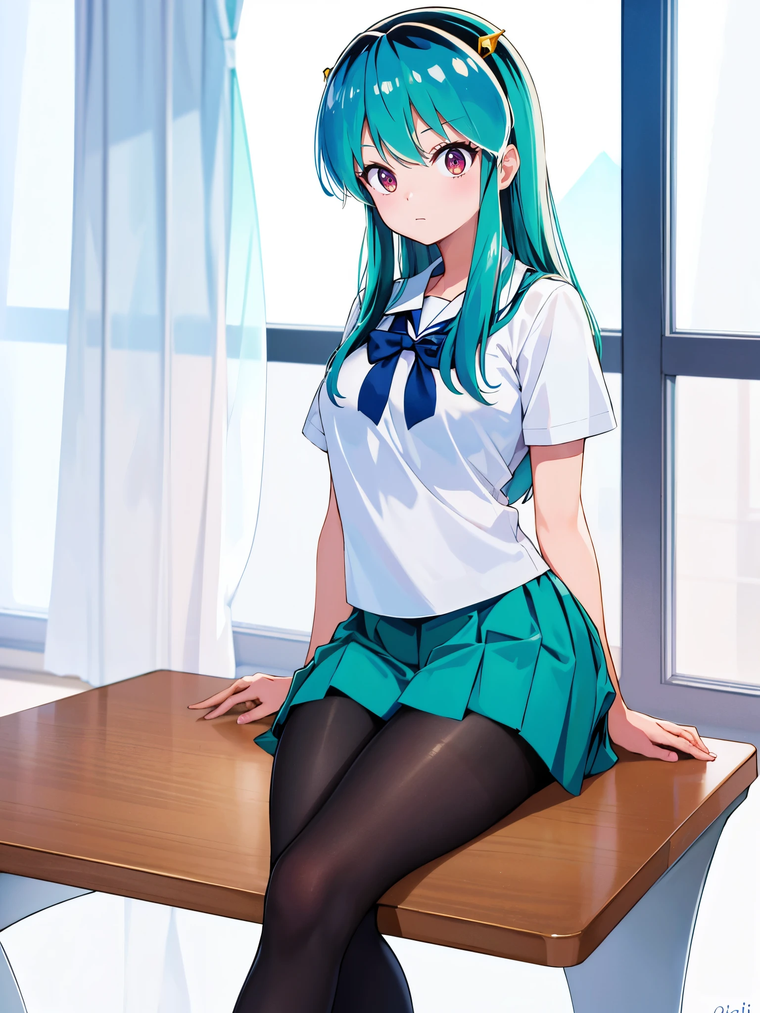 (1girl in),(high quality), (hight resolution), (Highly detailed), (in 8K),(lower body shot),Ram from Urusei Yatsura is wearing a transparent school uniform and a navy pleated skirt.),(Wearing black pantyhose)No shoes,perfect writing,(Beautifully erect nipple shape:1.1),hight resolutionの美しい目,(Neutral white lighting:1.2),simple background,sitting on