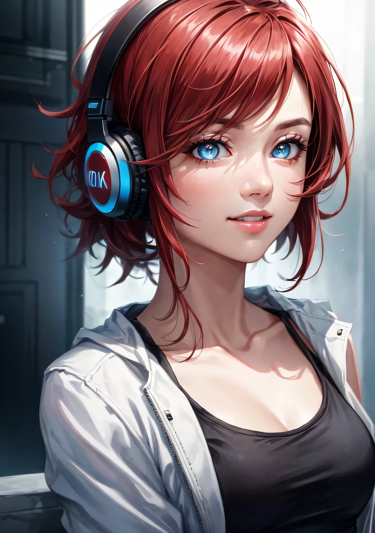 red hair, Black tank top, voluminetric lighting, White jacket, glowing headphones, Cyberpunk, Futuristic, multi colored eyes, Detailed eyes, ultra - detailed,Light smile, Highly detailed, Beautiful, small detailed, Ultra detailed, Best quality, Intricate, hyper photorealism, Sharp, Digital illustration, Detailed, Realism, Intricate, 4K, 8K, trending on artstationh, Good anatomy, Beautiful lighting, Award-winning, Photorealistic, Realistic shadows, Realistic lighting, Beautiful lighting, Ray traching, Intricate details, Moody, Rule of thirds, Masterpiece, (illustration:1.1), A high resolution, (Extremely detailed CG, Unity, 8K wallpaper:1.1), Beautiful face, Highly detailed face, Ultra photo realsisim, Masterpiece, Bokeh, Extremely detailed, Intricate, zoomout, Colorful, Vibrant colors, Red nail polish, Side view,