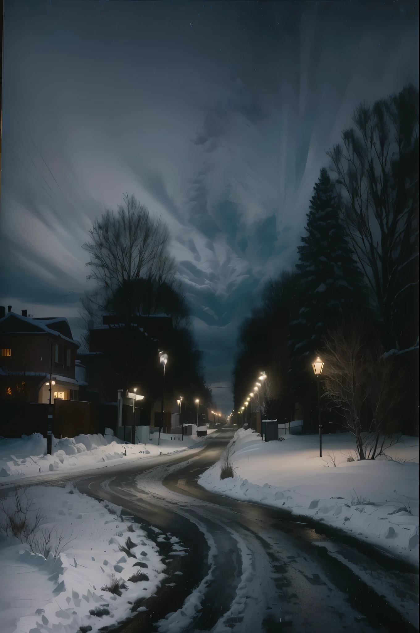 snowy street with street lights and a snowy road in the foreground, dark winter evening, snowy night, winter night, moody night time scene, snowfall at night, atmospheric cold lighting, cloaked dark winter night, street moon landscape, street at night, night time photograph, night time photography, night street, on a street at night, perfect lighting in a snow storm