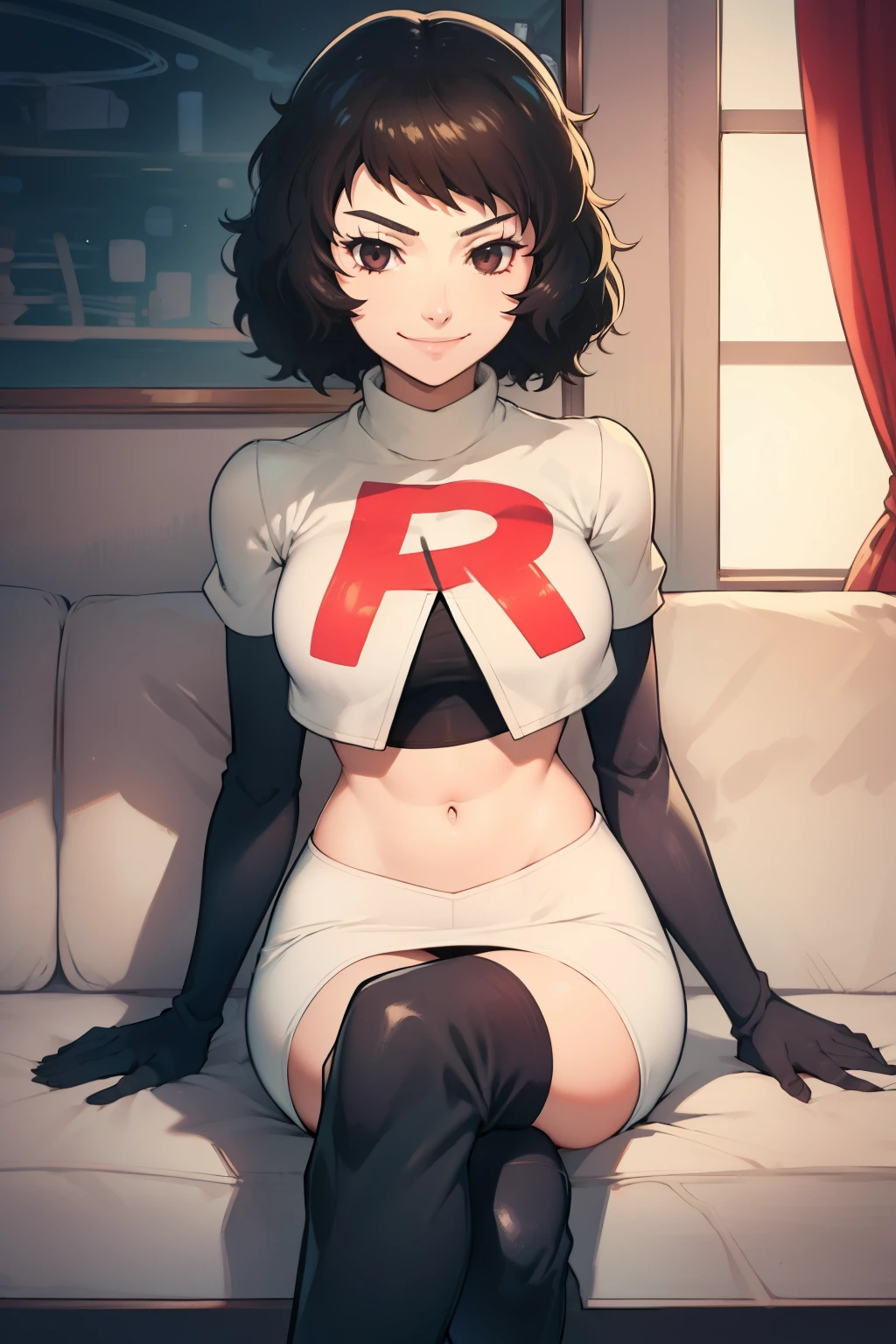 sadayokawakami,rocket,team rocket uniform, red letter R, white skirt,white crop top,black thigh-high boots,black elbow gloves, evil smile, look at viewer, sitting down legs crossed