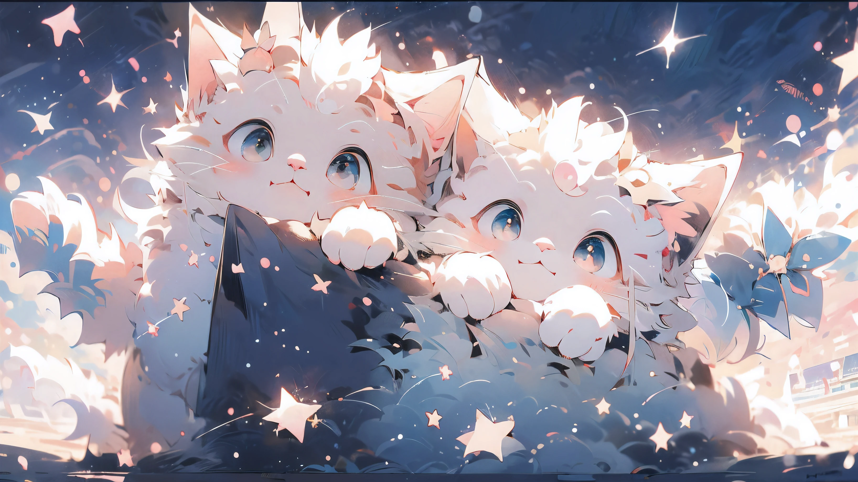 anime cat与Star的背景, anime cat, Anime visual of a cute cat, realistic anime cat, Lovely and detailed digital art, anime art wallpaper 4k, Anime Art Wallpaper 4K, Very nice furry art, 4k comic wallpaper, 可爱的anime cat, Anime Art Wallpaper 8k、about、Star、white cat、Aimei、blue eyes、Have background、night sky、meteors、night、night sky、accessories、Pearl accessories、