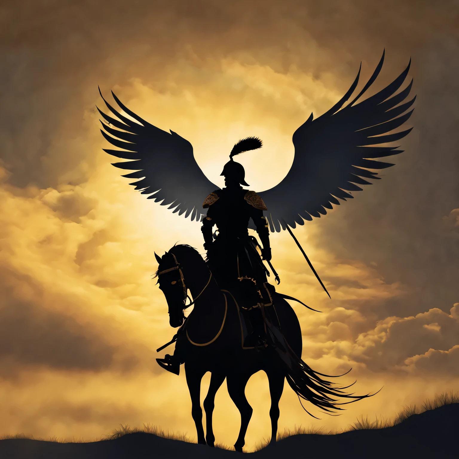 graphic design, silhouette art, Silhouette of polish winged hussar,fantastic golden background, (Best quality at best, high resolution, Super detailed), (brilliant clouds), (peaceful atmosphere), (charming dream), (myth), (Beyond)