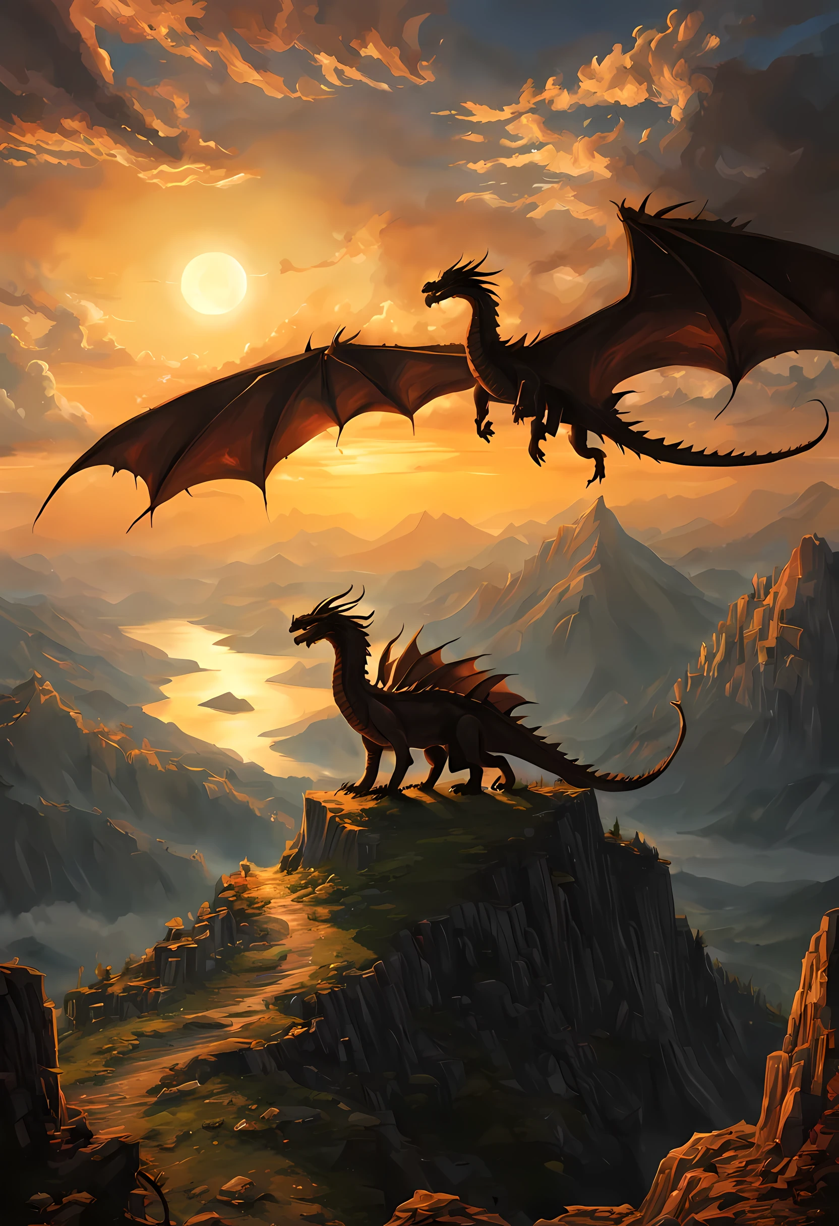 antasy art, dnd art, RPG art, wide shot, (masterpiece: 1.4) a silhouette of a dragon that spread his wings on top of a mountain as the sun rises at dawn behind him. reflection light, high details, best quality, 16k, [ultra detailed], masterpiece, best quality, (extremely detailed), the sun (cast a shadow behind the dragon: 1.5), sun rays, clouds, ultra wide shot, photorealistic, RAW, fantasy art, dnd art, fantasy art, realistic ar