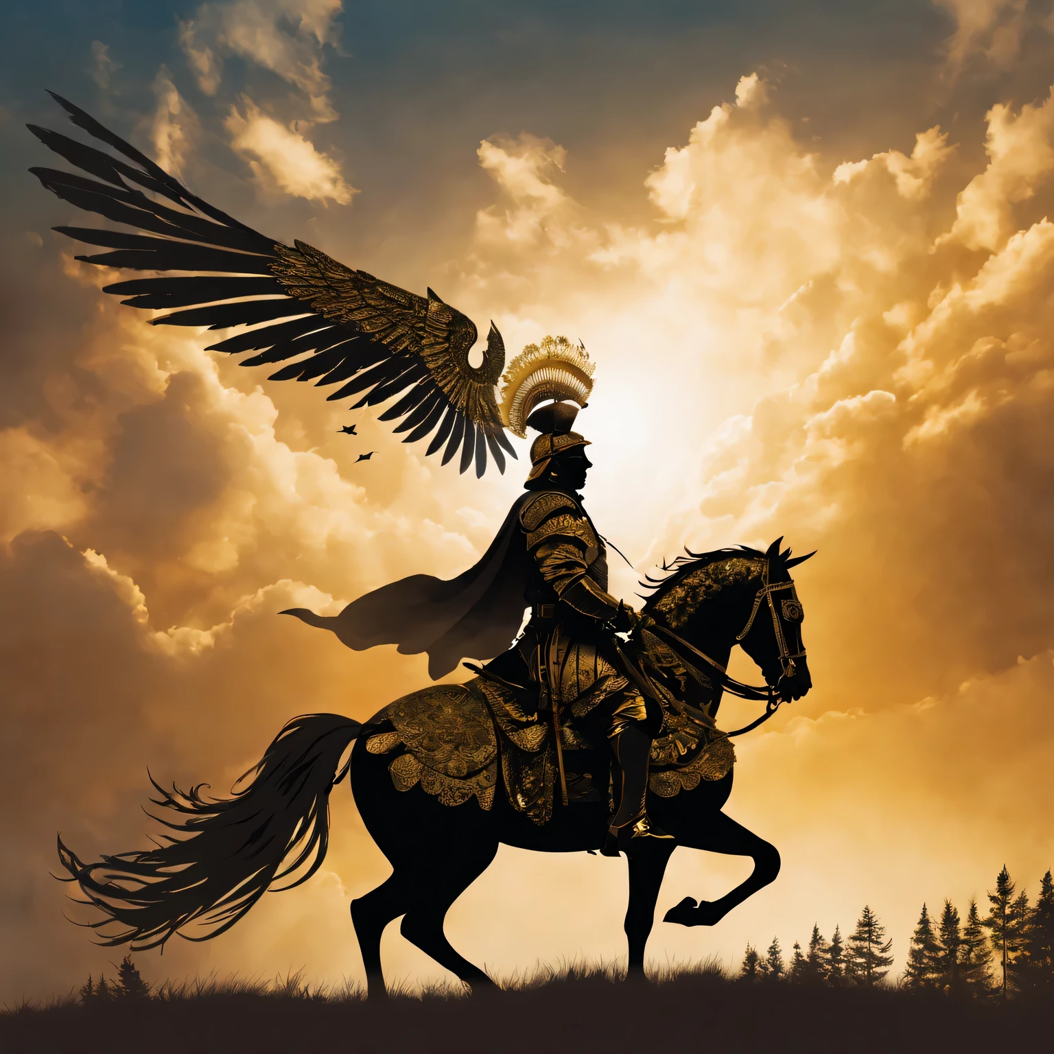 graphic design, silhouette art, Silhouette of polish winged hussar,fantastic golden background, (Best quality at best, high resolution, Super detailed), (brilliant clouds), (peaceful atmosphere), (charming dream), (myth), (Beyond)
