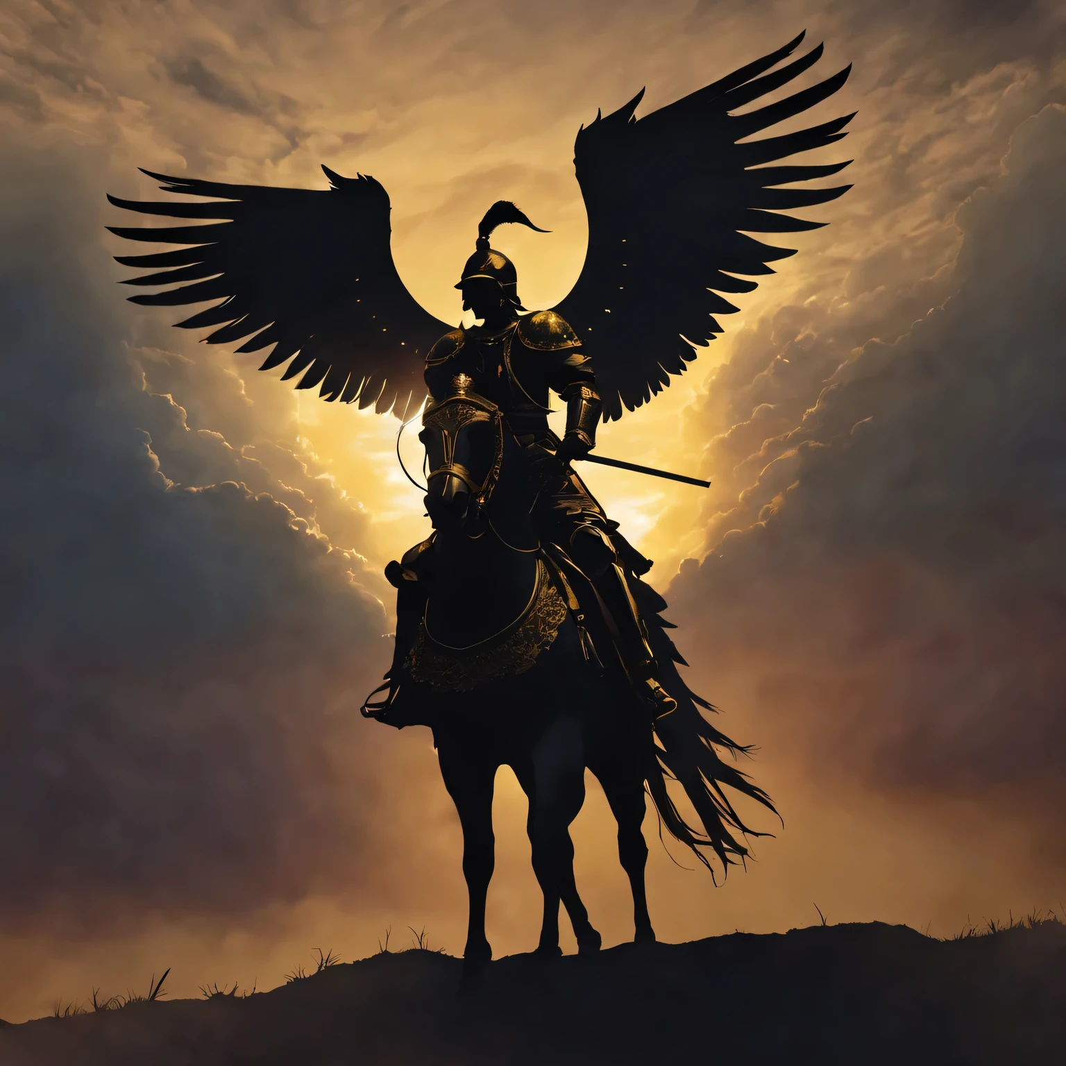 Visualize a lone samurai riding a majestic, flying horse through the twilight sky, high above a vast, serene landscape. The horse, with its powerful muscles and flowing mane, is unlike any earthly steed—its coat shimmers with a deep obsidian hue, catching the last rays of the setting sun, and its wings are massive, feathered with a gradient of black to silver, each feather reflecting the light like polished steel. The wings beat rhythmically, sending ripples of wind through the clouds, which part to reveal glimpses of the world below.

The samurai sits tall and composed in the saddle, his armor a work of art in itself. Crafted from dark lacquered plates, the armor is intricately adorned with silver inlays depicting mythical creatures and scenes of past battles. His kabuto (helmet) bears the crest of a fierce dragon, with a silver dragonhead motif jutting out from the front, its eyes set with small rubies that gleam in the dimming light. The samurai's face is calm and resolute, partially obscured by a menpo (face mask) that adds to his intimidating presence.

In one hand, he holds the reins, guiding the celestial steed with a gentle yet firm grip. In the other, his katana rests unsheathed, the blade glowing faintly with an ethereal light, as if imbued with the spirit of the wind itself. The katana is exquisitely forged, its blade reflecting the colors of the sky—orange and pink from the setting sun, and deep indigo from the approaching night.

As they soar through the sky, the scene below is breathtaking: a patchwork of lush forests, sparkling rivers, and ancient temples nestled in the valleys. The air is crisp and cool, filled with the scent of pine and the distant sound of temple bells. The sky above transitions from the warm hues of sunset to the deep, star-studded blue of night. A crescent moon begins to rise, casting a silver glow over the entire scene, enhancing the otherworldly atmosphere.

The samurai and his steed are the epitome of grace and power, moving i