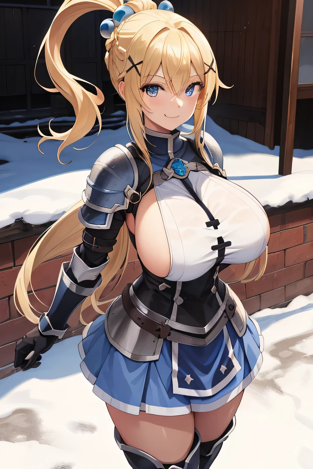 best quality, highres, 1girl, long hair, blonde hair, x hair ornament, armor, blue eyes, ponytail, hair ornament, gloves, shoulder armor, braid, black gloves, pauldrons, white boots, darkness \(konosuba\), ((large breasts)), ((huge breasts)), cowboy shot, dark and lonely city alley , smile,