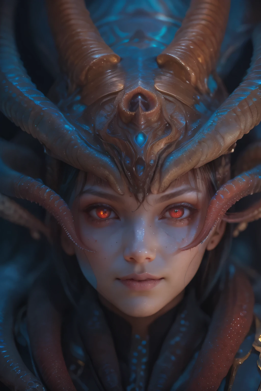 Portrait, (beautiful female alien:1.2), (she has red eyes with no pupils:1.8), (Translucent skin:1.7), (There is a female genital-like organ in the middle of the forehead:1.9), (The most beautiful face in the history of the universe:1.2),an evil gaze that seduces, (large mouth:1.1), (sharp teeth like a vampire:1.2), Full body like, (bio luminescent:1.5), (Smile wickedly:1.3), (sexypose:1.5), alien, No humans, cells are fused, (Lots of translucent tentacles:1.3) extraterrestrial, cell, bio image, Best Quality, 8K,4K_quality, High Definition, Dramatic Lighting, masutepiece:1.5,cinematic quality, detail up, (Intricate details:1.2), High resolution, High Definition, drawing faithfully, (Thick eyebrows:1.2), Beautiful eyes with fine symmetry,(Highly detailed face and eyes:1.2), Intimate face, (Super detailed skin quality feeling:1.4), Perfect Anatomy, (Beautiful toned body:1.5), (Moist skin:1.2), No makeup, (dark circles:1.1), long canines, cinematic drawing of characters, ultra high quality model, cinematic quality, detail up, (Intricate details:1.2), High resolution, High Definition, drawing faithfully, Official art, Unity 8K wall , 8K Portrait, Best Quality, Very High resolution, ultra detailed artistic photography, midnight aura, unreal engine 5, Ultra Sharp Focus, art by alberto seveso, ArtGerm, Roisch, intricate artwork, best quality, masutepiece, ultra High resolution, (photos realistic:1.4), Ultra-realistic realism, dream-like, nautilus, Creation of fantasy, Snail, Dream Snail, (biopunk nautilus:1.3), Thrilling color schemes, Ultra-realistic realism, seductively smiling, Blue tentacles,