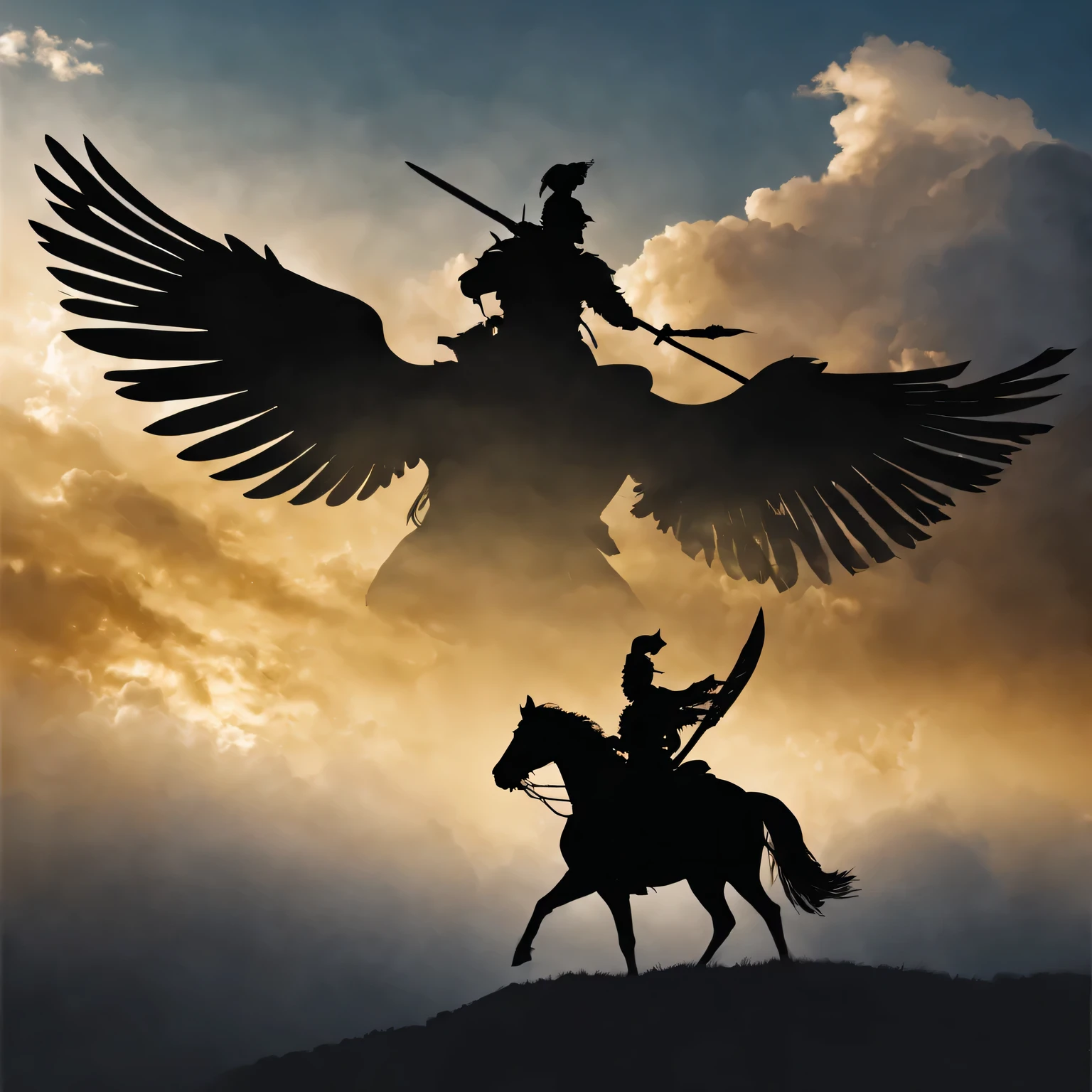 graphic design, silhouette art, Silhouette of polish winged hussar,fantastic golden background, (Best quality at best, high resolution, Super detailed), (brilliant clouds), (peaceful atmosphere), (charming dream), (myth), (Beyond)