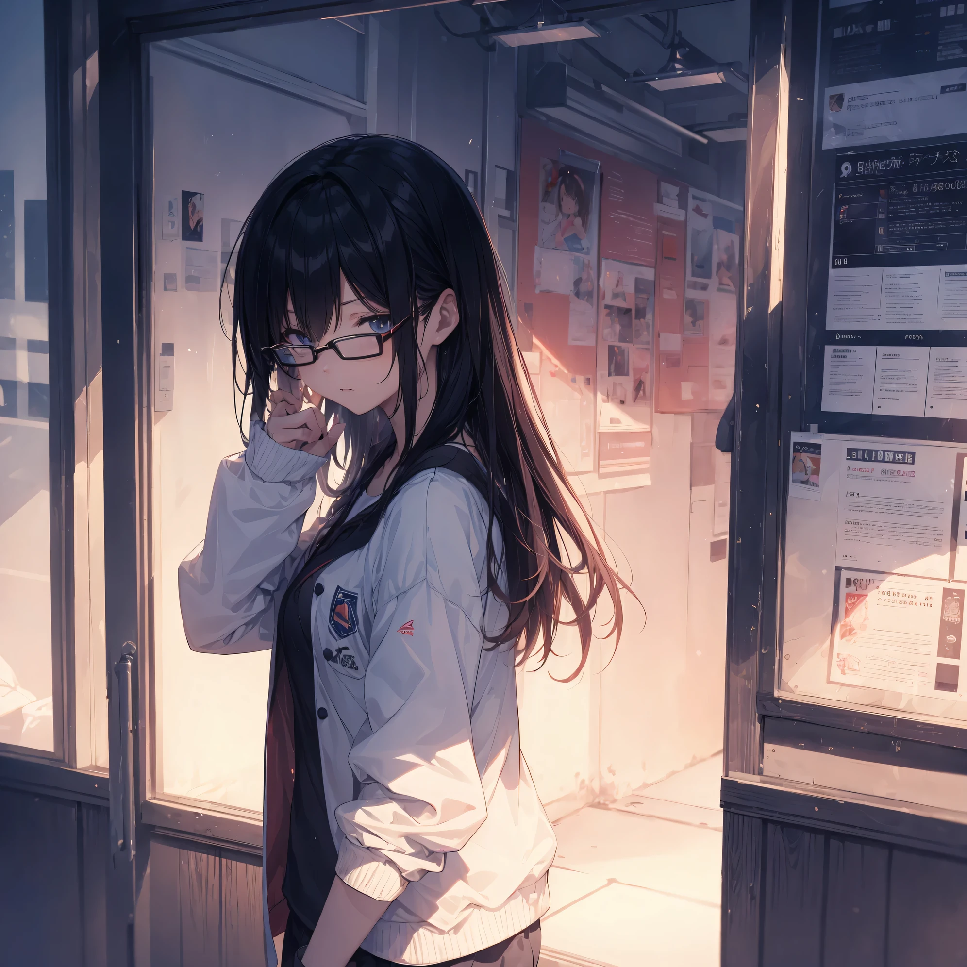 Super high quality by the art god, Ultra-detailed, high resolution, gwai's style, anime moe art style, best anime 8k konachan wallpaper, pixiv contest winner, perfect anatomy,break,(Please draw a picture of a girl walking alone in the school building..),break, surreal high school girl, (solo,Loli,,13 ye,complete limbs, full finger,Middle school sturm, ((wearing glasses)), messy forehead hair, flat and soft chest, small beautiful butt, groin, small eyes,beautiful detailed black eyes, Well-proportioned iris and pupils, High resolution detailed hair, ((tracksuit)),Inside the school,break,Ultra-detailed細なスキン,Best lighting by famous artists, 8K,illustration.