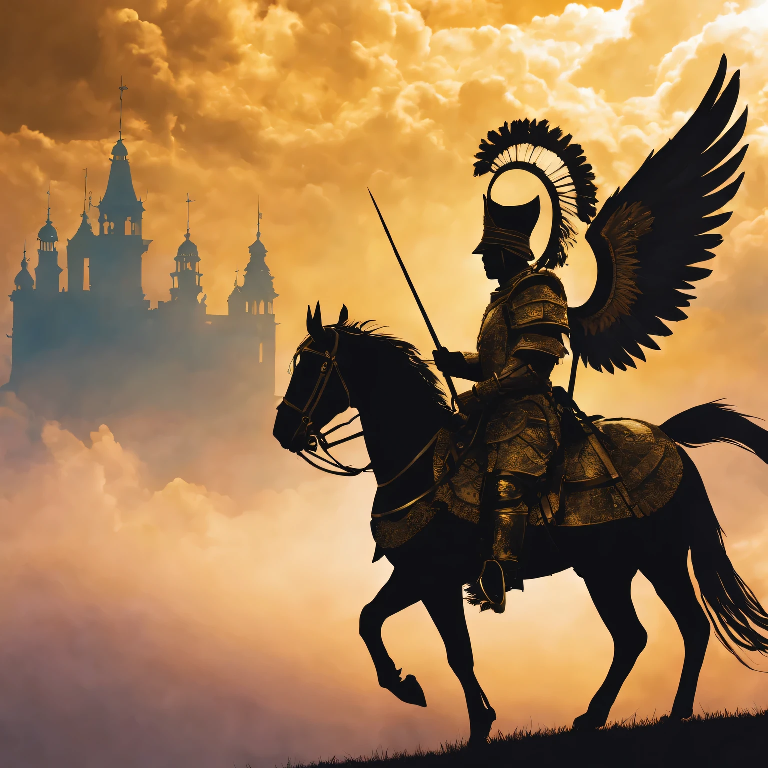 graphic design, silhouette art, Silhouette of polish winged hussar,fantastic golden background, (Best quality at best, high resolution, Super detailed), (brilliant clouds), (peaceful atmosphere), (charming dream), (myth), (Beyond)