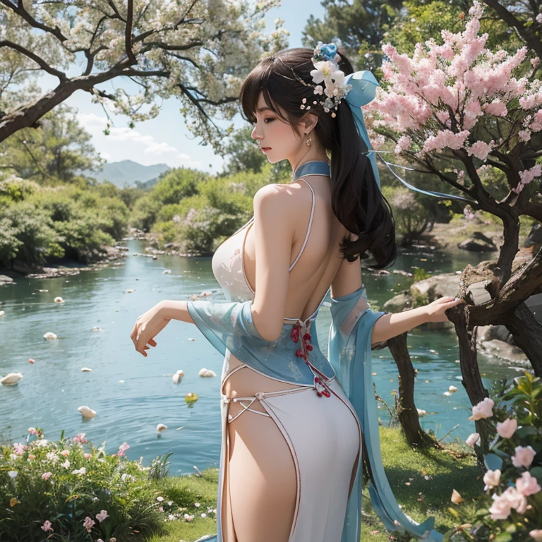 blue sky and white clouds,The tree々Under(cherry treesのThe treeの下の花びら、Sakura NS、cherry trees、Sakurab Lizard 1.5),Pond side,Three-dimensional facial features、Delicate Makeup,Chubby woman in Hanfu,embroidery material,expose shoulders and back,Beautiful woman wearing sexy skimpy Hanfu,Beautiful back,Beautiful back,lower one's stomach,The upper body lies on the grass, exposing thighs and buttocks,Lying on the grassland,Raise your hips,open the glutes of the buttocks,thin and transparent hanfu,The complexion becomes shiny,sexy hanfu clothes,Luxurious hats,thin and transparent hanfu,Camel toes(quality, 8K)), focus clear:1.2, (Hierarchical pruning, Bigger:1.2), (beautiful woman with perfect figure:1.4), (Beautiful and elegant rear view:1.3), large chest and thin waist,,Open Camel Toe