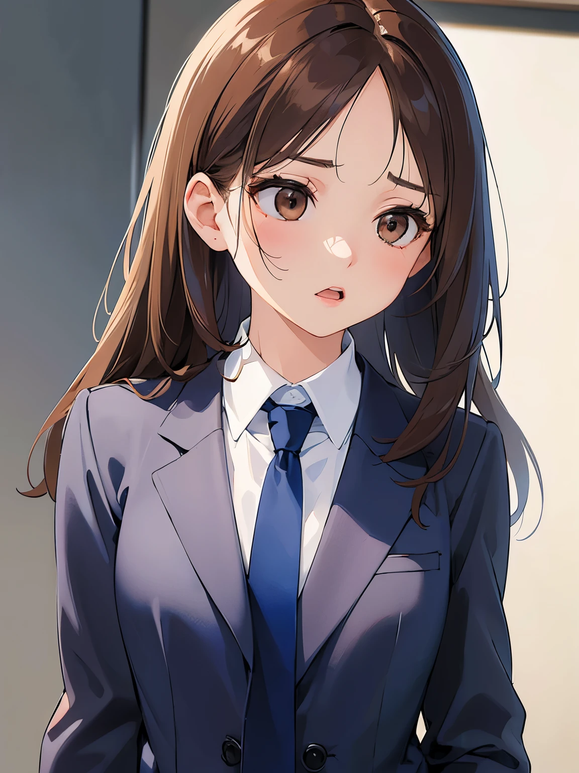 (looking away:1.5), ​masterpiece、top-quality、 forehead, A 25-year-old woman with medium long hair and brown eyes with bright chestnut bangs.、wearing a gray suit、wearing gray pants、Wearing a blue tie、Serious look、open mouth, is standing、The background is office、Bold composition、Upper body is shown、Alone、Close-up of your face