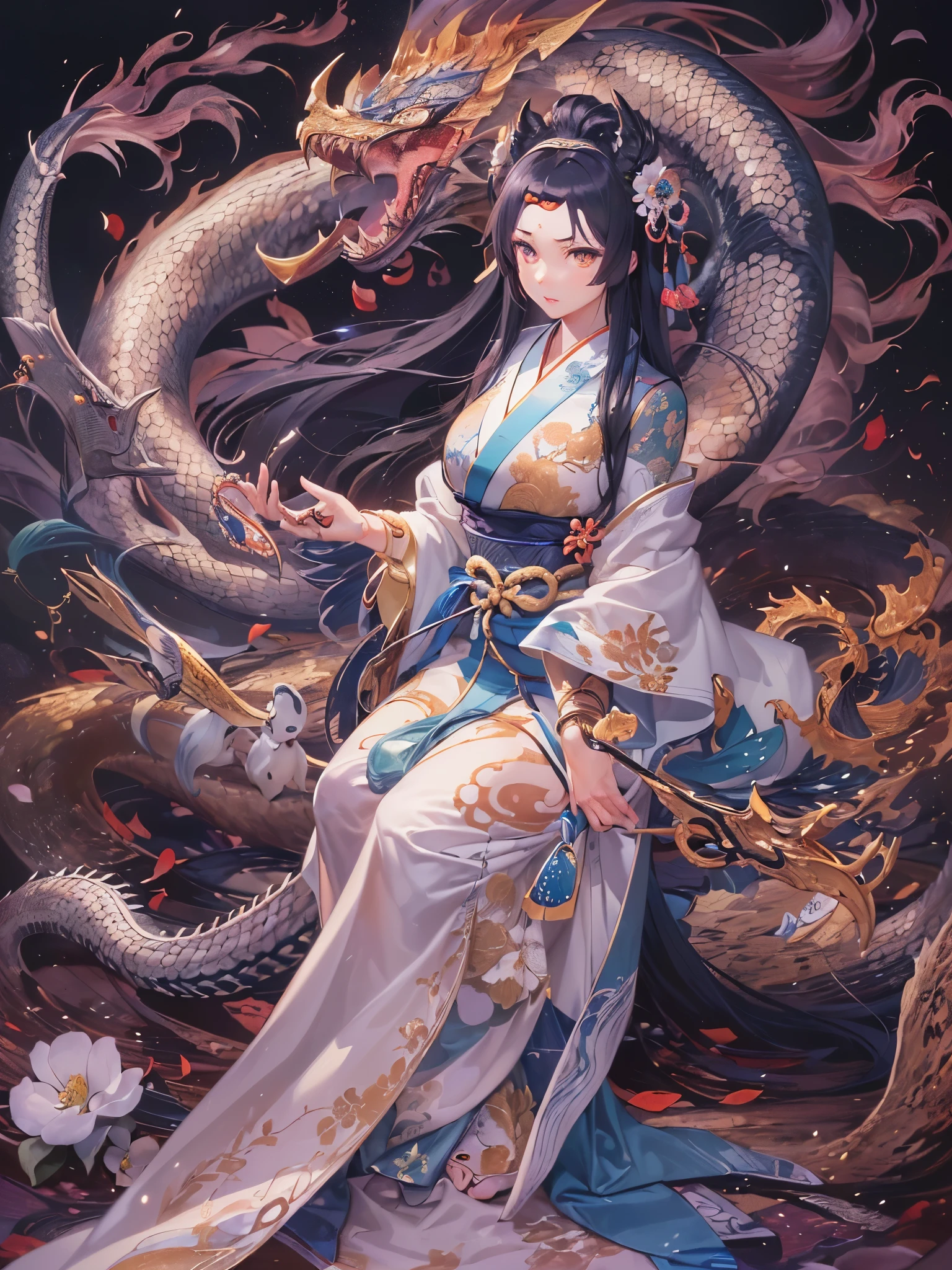 ((Finest quality)),(ultra high resolution),(ultra-detailliert),(Meticulous portrayal),((Best CG)),(Finest works of art),Ultra-Precision Art,The art of astounding depiction,(Art with precise depiction in every detail:1.5), (1人の女性:1.5),A dark-haired, (Yamata no Orochi:1.8)