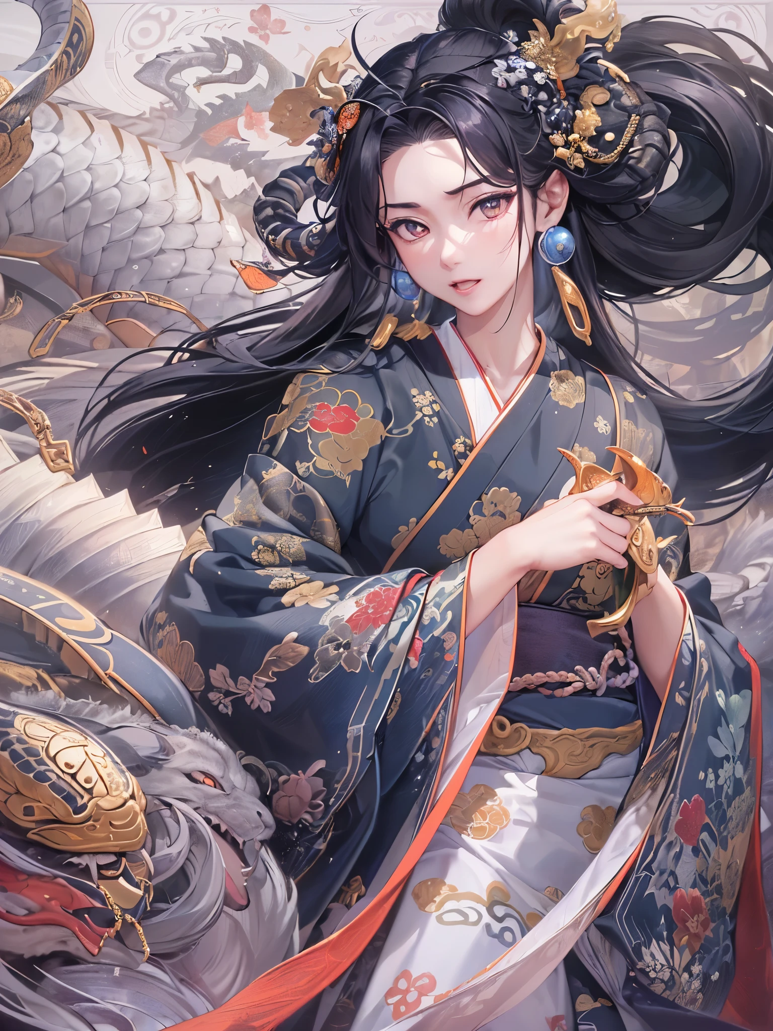 ((Finest quality)),(超A high resolution),(ultra-detailliert),(Meticulous portrayal),((Best CG)),(Finest works of art),Ultra-Precision Art,The art of astounding depiction,(Art with precise depiction in every detail:1.5), (1人の女性:1.5),A dark-haired, (Yamata no Orochi:1.8)
