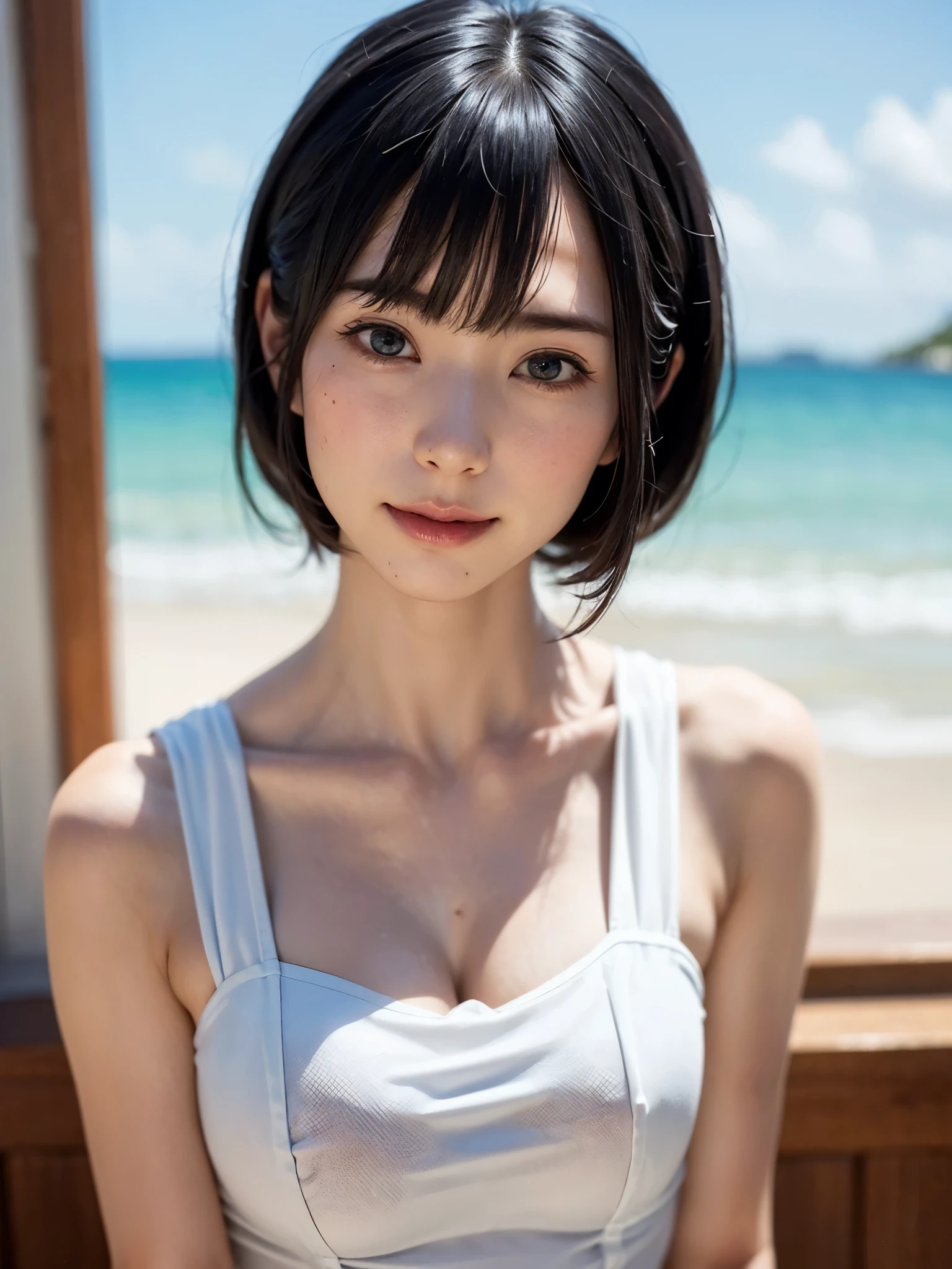 ***1人、top-quality、Realistic、report、Depth of the bounds written、natural soft light、during daytime、魅惑的、beauitful face、cleanliness、pure face、white skin、cute hawk hair、bangs、beach、rays of sunshine、Nedium Breast Body Esbian、((Attractive see-through costume、黄金比beauitful face、 Beautiful symmetrical face))、long neck、Please show your ears、bangsのあるきれいな短いボブヘア、close your mouth and smile:1.4、close your mouth and smile:1.4、perfect hands指、perfect hands、perfect body、face perfect、shine a light on the eyes、perfect anatomy:1.4、very cute super model:1.4、sexual:1.4