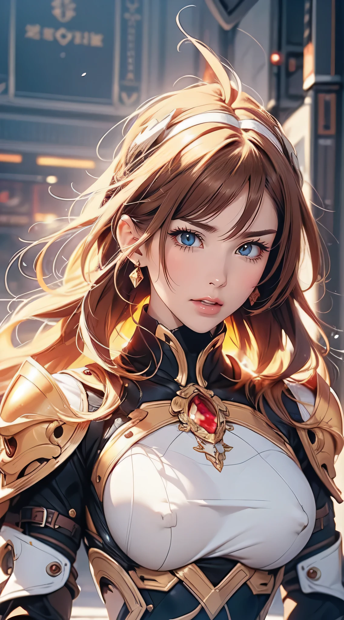 (Random Fighting Pose:1.2),Extreme close-up,movie scene,fantasy art,The highest image quality,ultra-realistic portrait,(8K),Super realism,best quality,high quality,High Definition,fine texture,advanced details,beautiful details,detailed breasts,Very detailed CG,fine texture,realistic facial expression,masutepiece,in front,dynamic,bold,1girl in,highlydetailed skin,curve,petite,beautiful breasts,Large breasts,pale skin,pointed chest,erect nipples,short hair,(super thin hair),(super soft hair),(ultra straight hair),long flowing bangs,very light coppery amber hair,hair above one eye,White armor