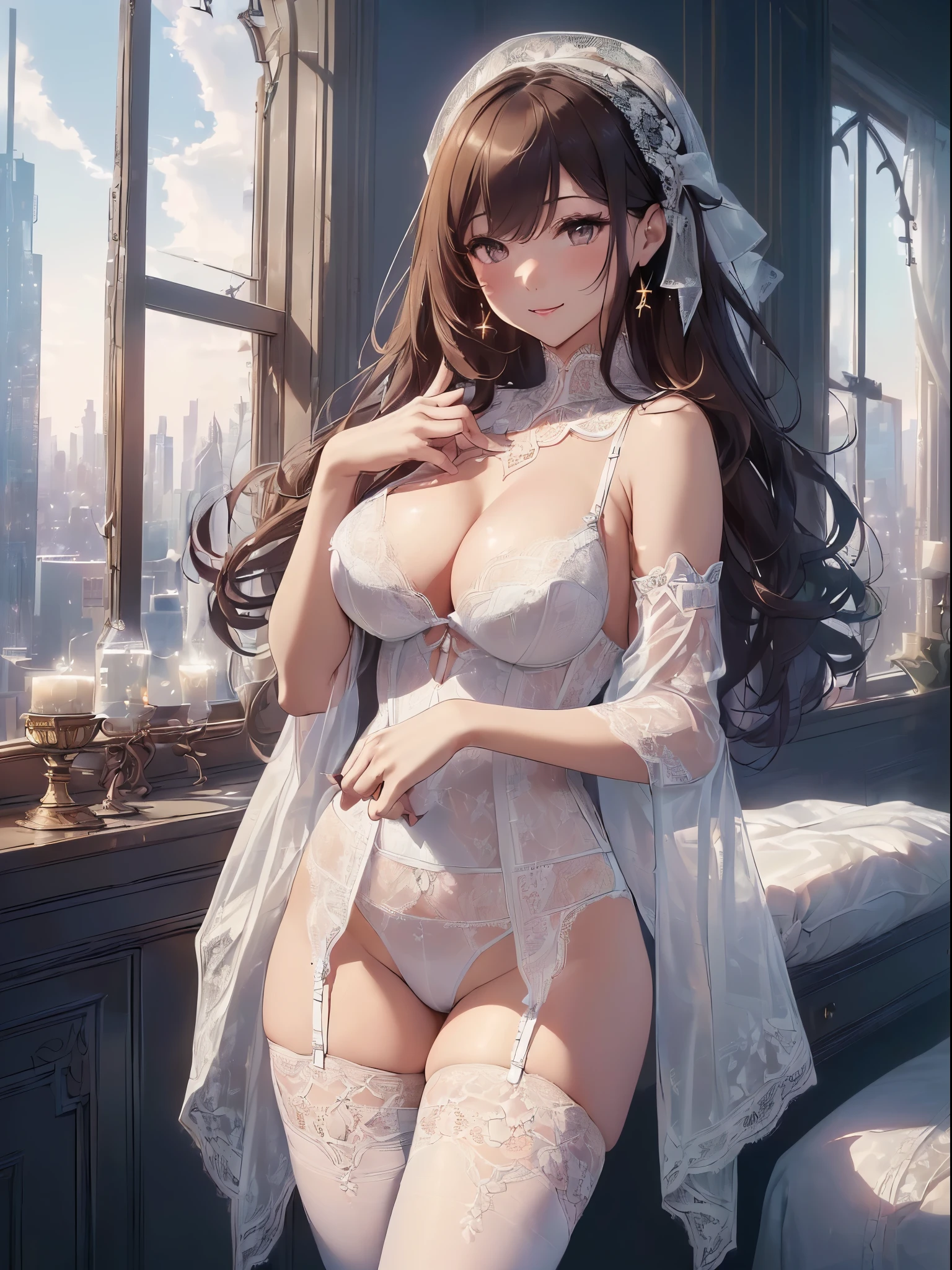 top-quality、Top image quality、​masterpiece、Angle seen from the side、beautiful gothic woman((20yr old、vest bust、big bast、Bust 90,beautiful long hair、slender、Close-up、Esbian、beautiful underwear、High quality、beautiful art、Luxury hotel in the city、masutepiece、visual art、Depth of the bounds written、、、🎵、Happy smile、skin-friendly feet、、Number of fingers to achieve precise finger movements、Kime pose！Brown hair、、her clothes are white underwear、fine embroidery、beautiful pattern、Racing、feet in white stockings、How do you like it？seductiv、Spread the legitimate starry sky out the window、beautiful night view、feeling sexy、ー、Sexy Night.ticker、Leggings and white stockings that are perfect for sexy skin、Standing in front of the night view of the city covered entirely in glass、nsforgeous body stockings:1.3), (intricate lace:1.4), (look thoroughly:1.5),Looks three-dimensional when lit up、Skin Texture、erotic sexy lingerie 1.3  masterpiece

(gorgeous body stockings:1.3), (intricate lace:1.4), (look thoroughly:1.5),UHD、not wearing a watch