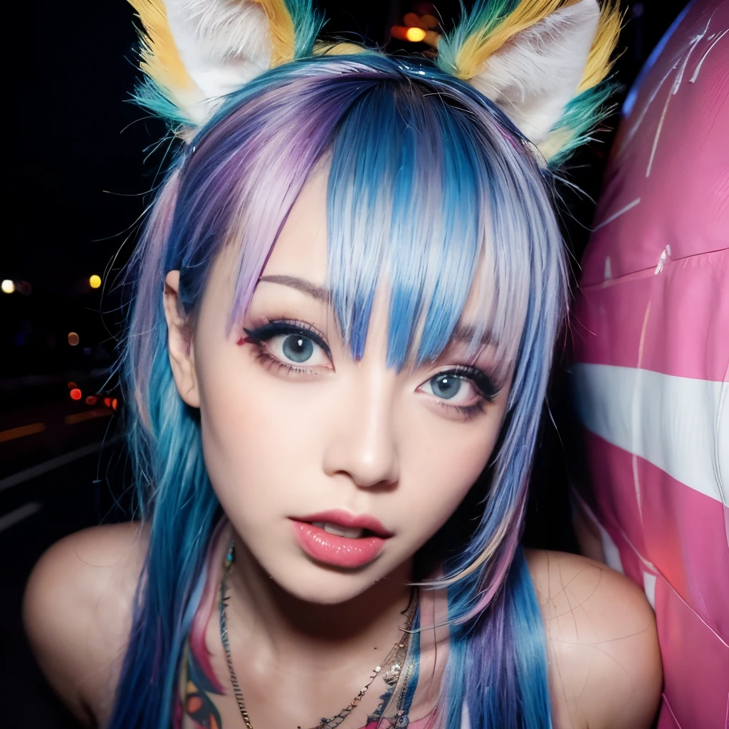 blue hair, hair bobbles, wince, longeyelashes, solid circle eyes, fake animal ears, light smile, ear blush, fang, Surrealism, drop shadow, anaglyph, stereogram, tachi-e, pov, atmospheric perspective, 8k, super detail, ccurate, best quality